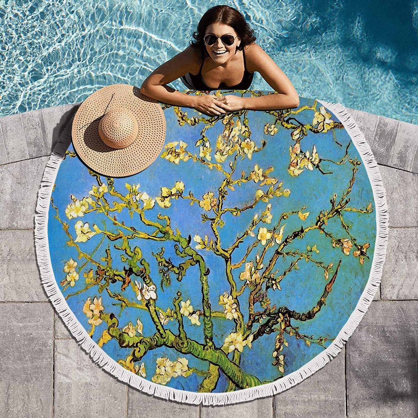 Vintage Floral circular plush beach towel, fringe edges, Design 20