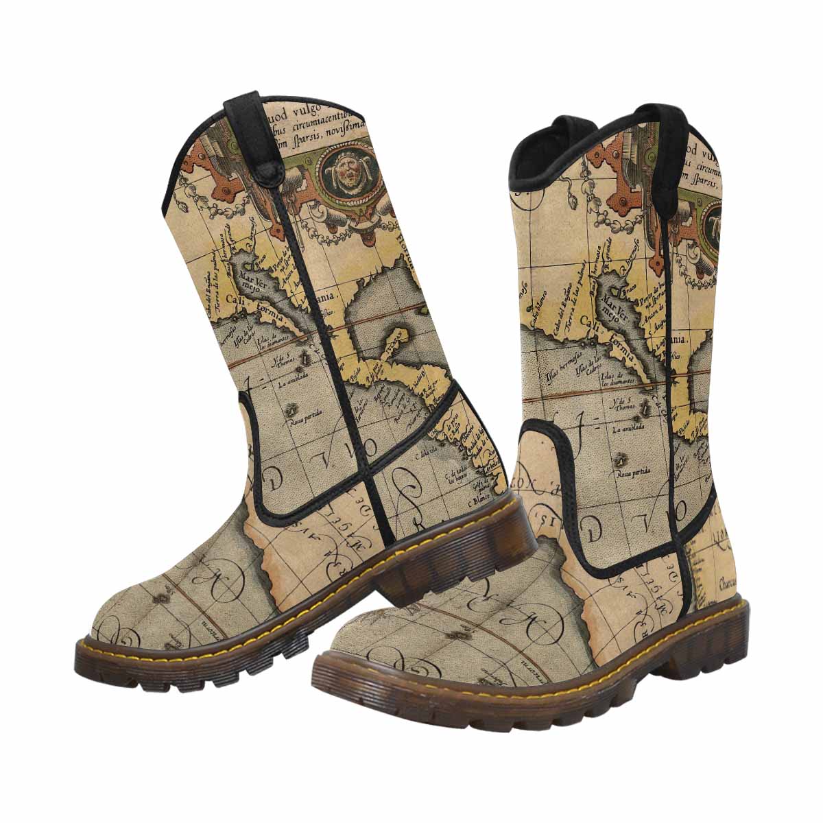 Antique Map design mens western lumber boots, Design 46