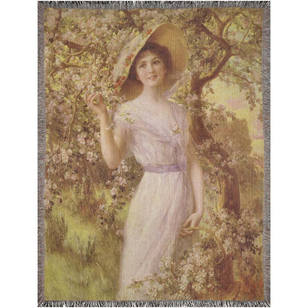 100% cotton Victorian Lady design design woven blanket, 50 x 60 or 60 x 80in, CHERRY BLOSSOM