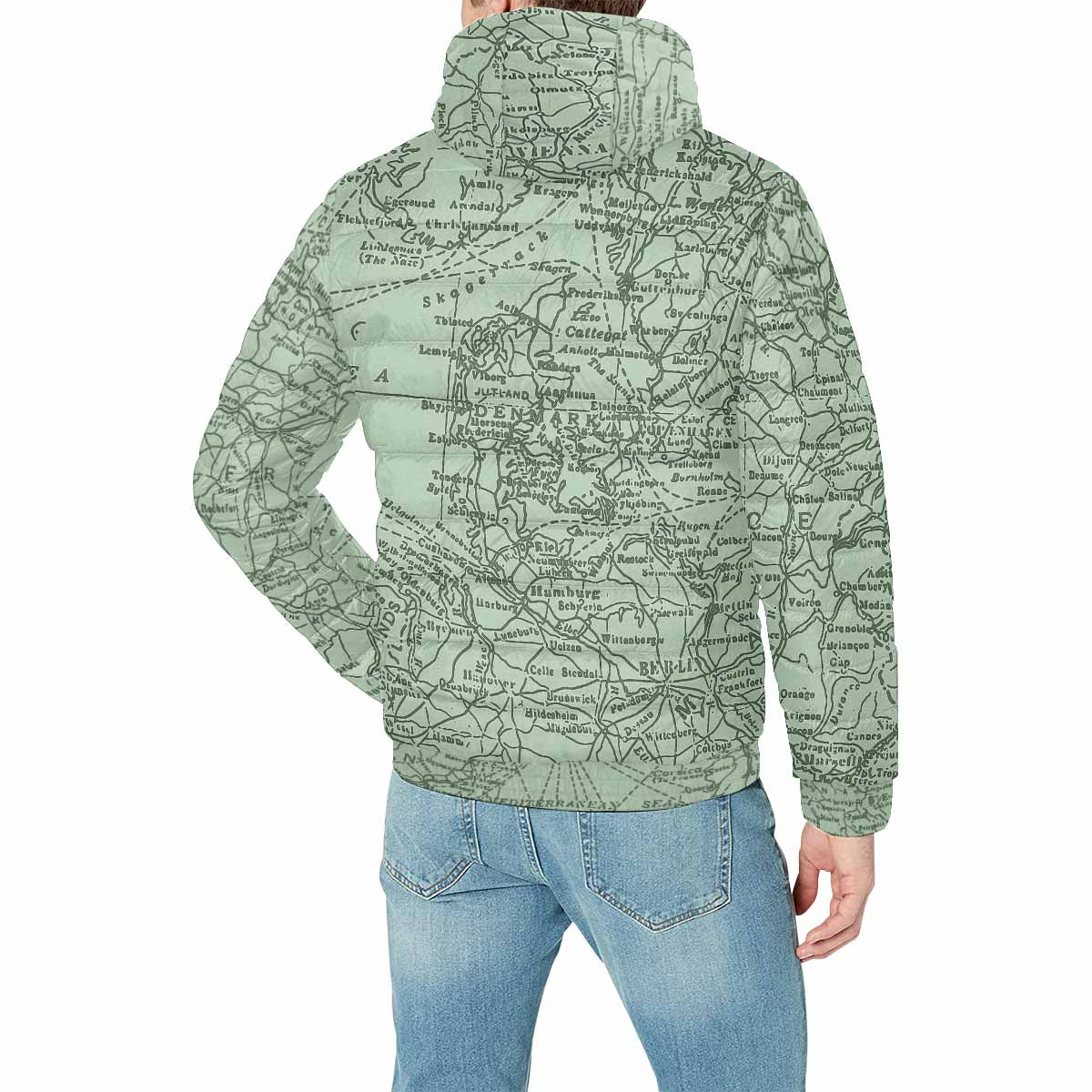 Antique Map design, mens lightweight, warm, quilted hooded bomber jacket, design, 52