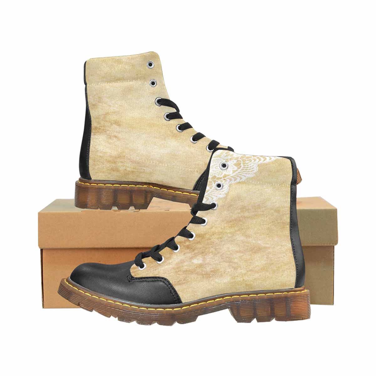 Victorian lace print, cute but tough, Winter walk about boots, design 29