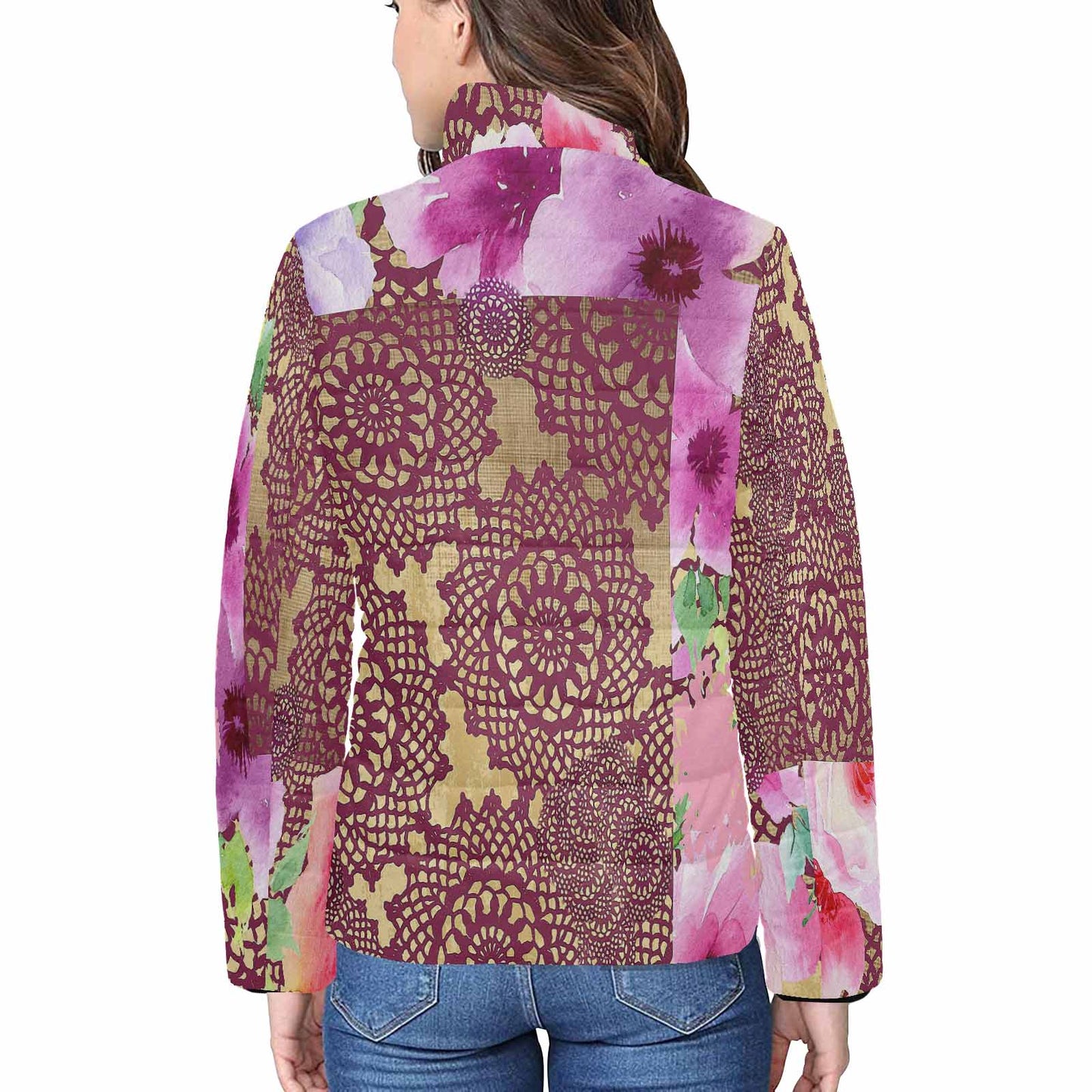 Victorian Lace print womens padded quilted jacket, design 13