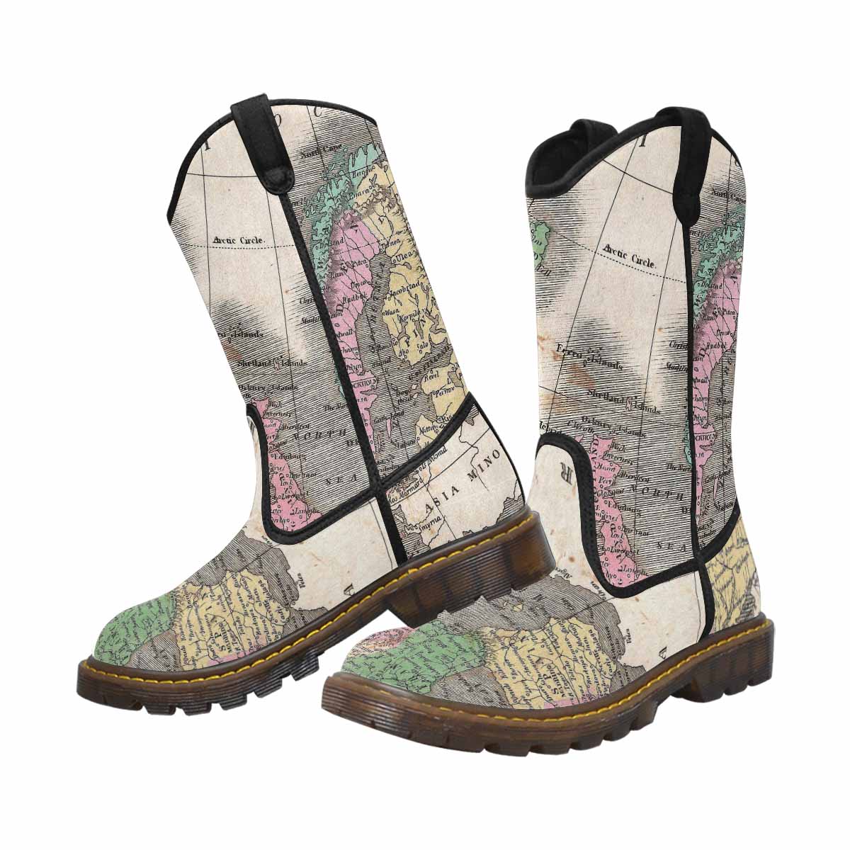 Antique Map design mens western lumber boots, Design 9