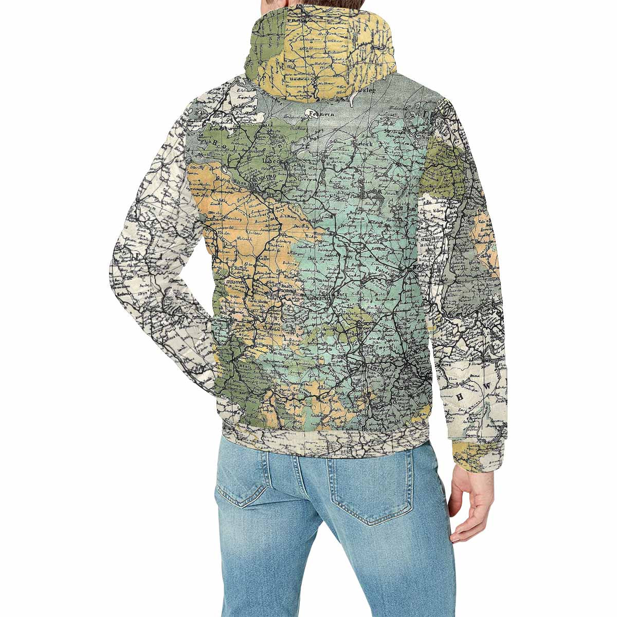 Antique Map design, mens lightweight, warm, quilted hooded bomber jacket, design, 18