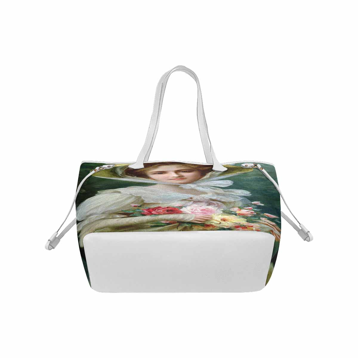 Victorian Lady Design Handbag, Model 1695361, Elegant Lady With A Bouquet of Roses 1, WHITE TRIM