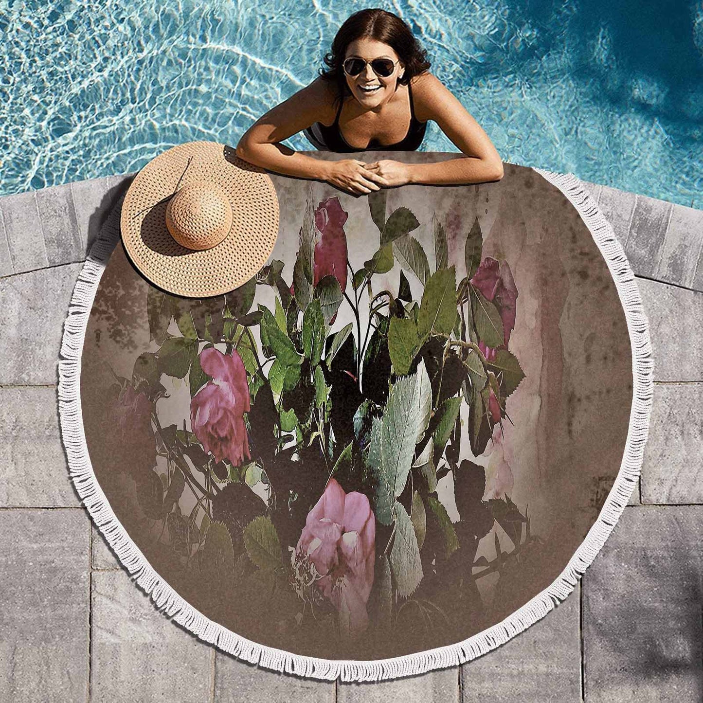 Vintage Floral circular plush beach towel, fringe edges, Design 22x