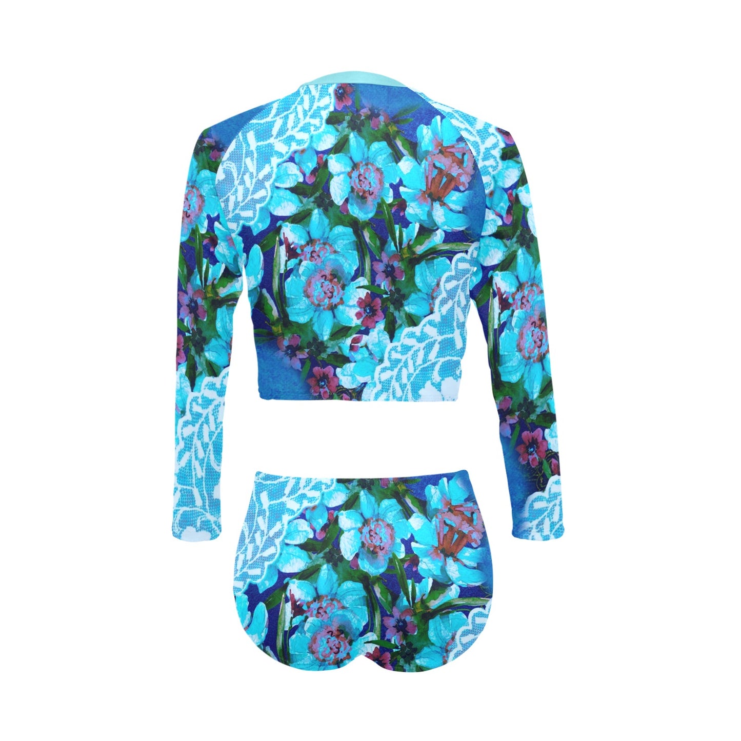 Victorian printed lace, long sleeve 2pc swimsuit, beachwear, design 49 Long Sleeve Bikini Set (Model S27)