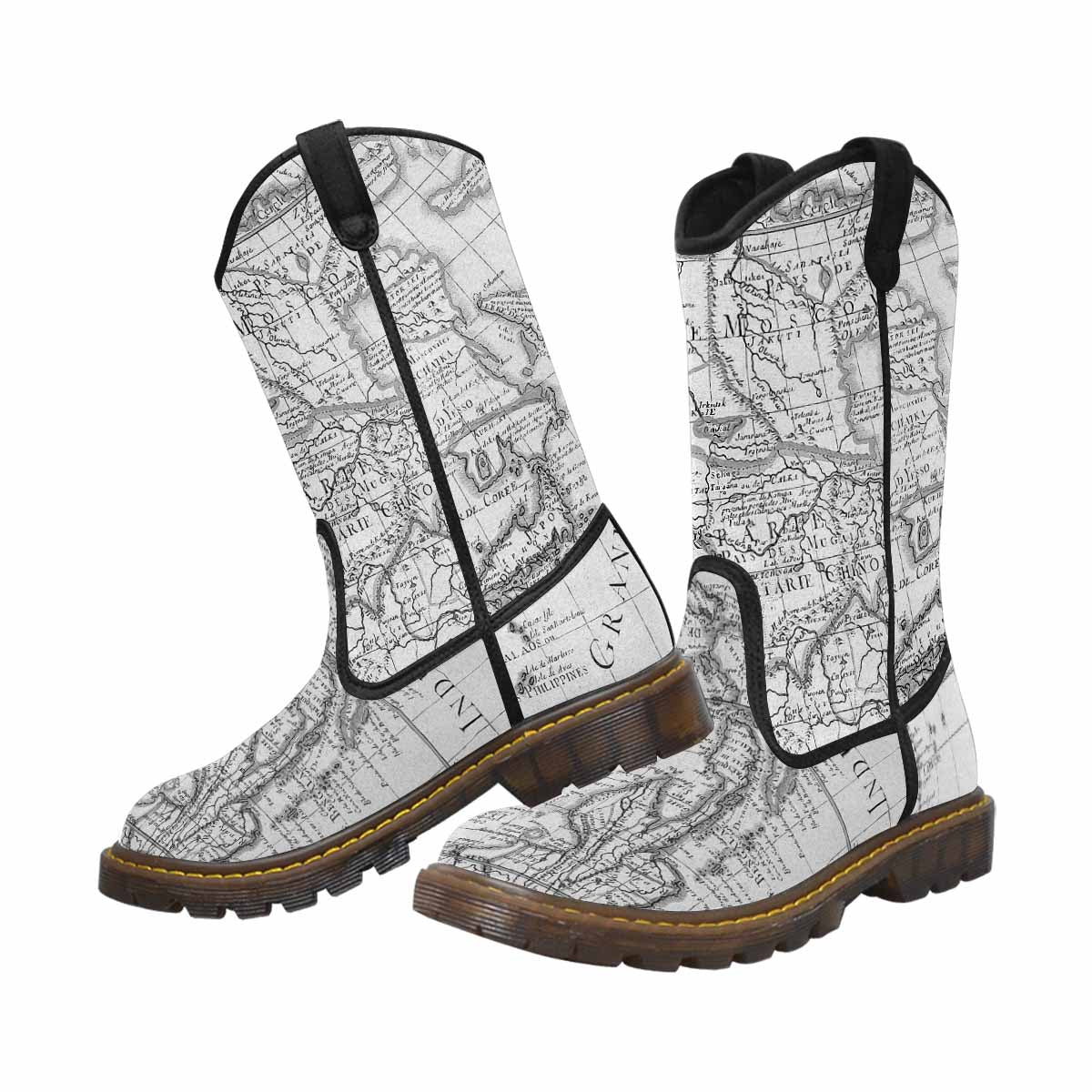 Antique Map design mens western lumber boots, Design 8