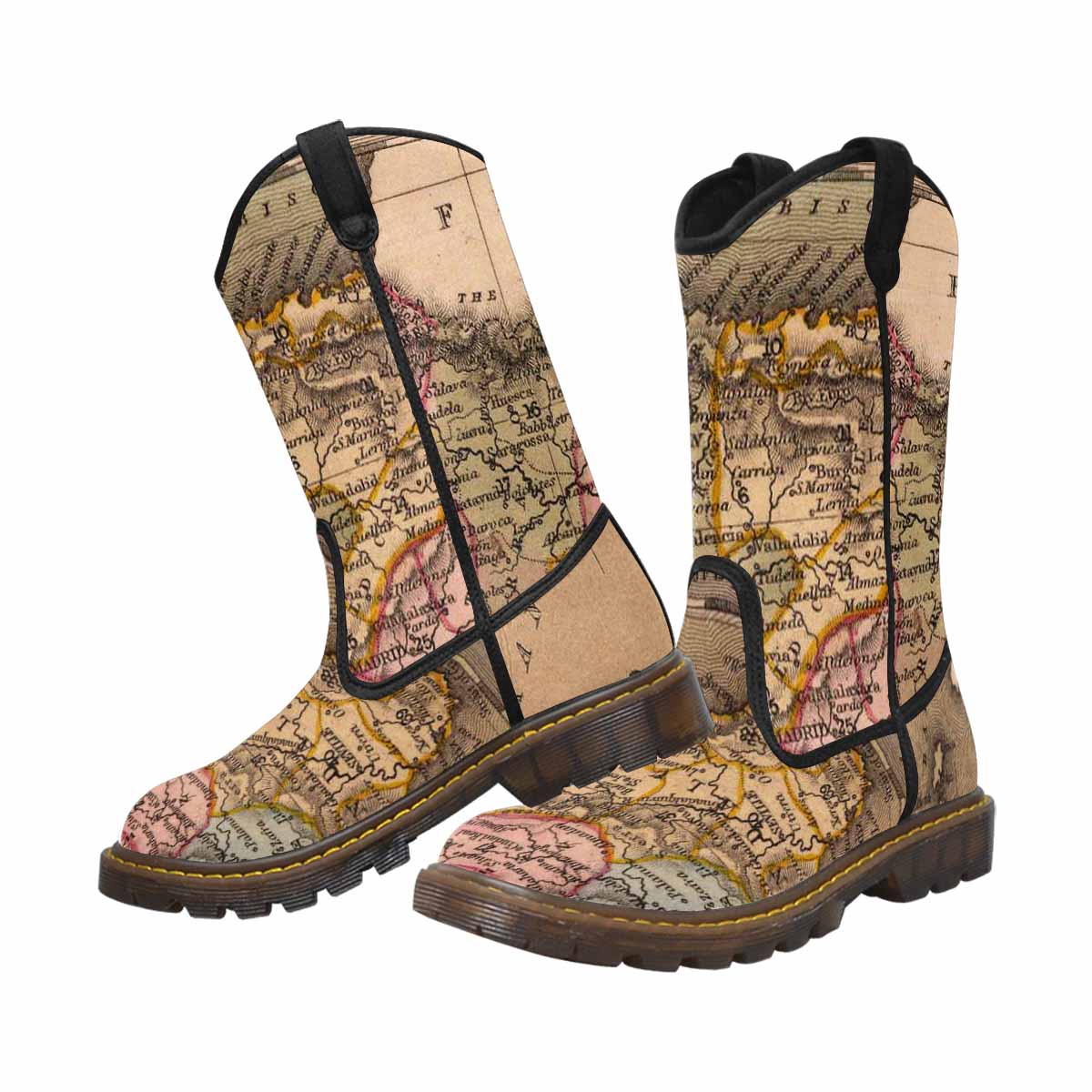 Antique Map design mens western lumber boots, Design 16