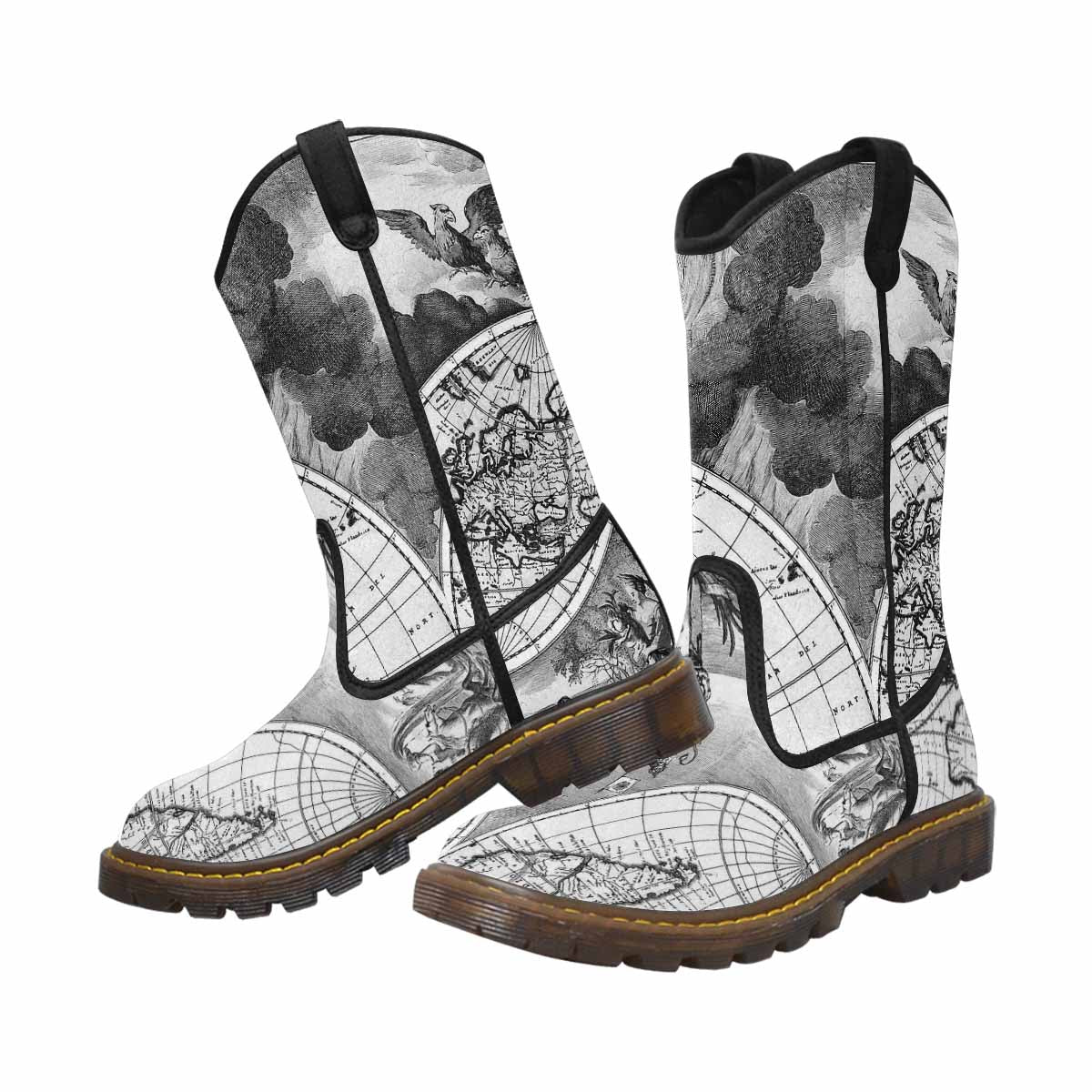 Antique Map design mens western lumber boots, Design 17