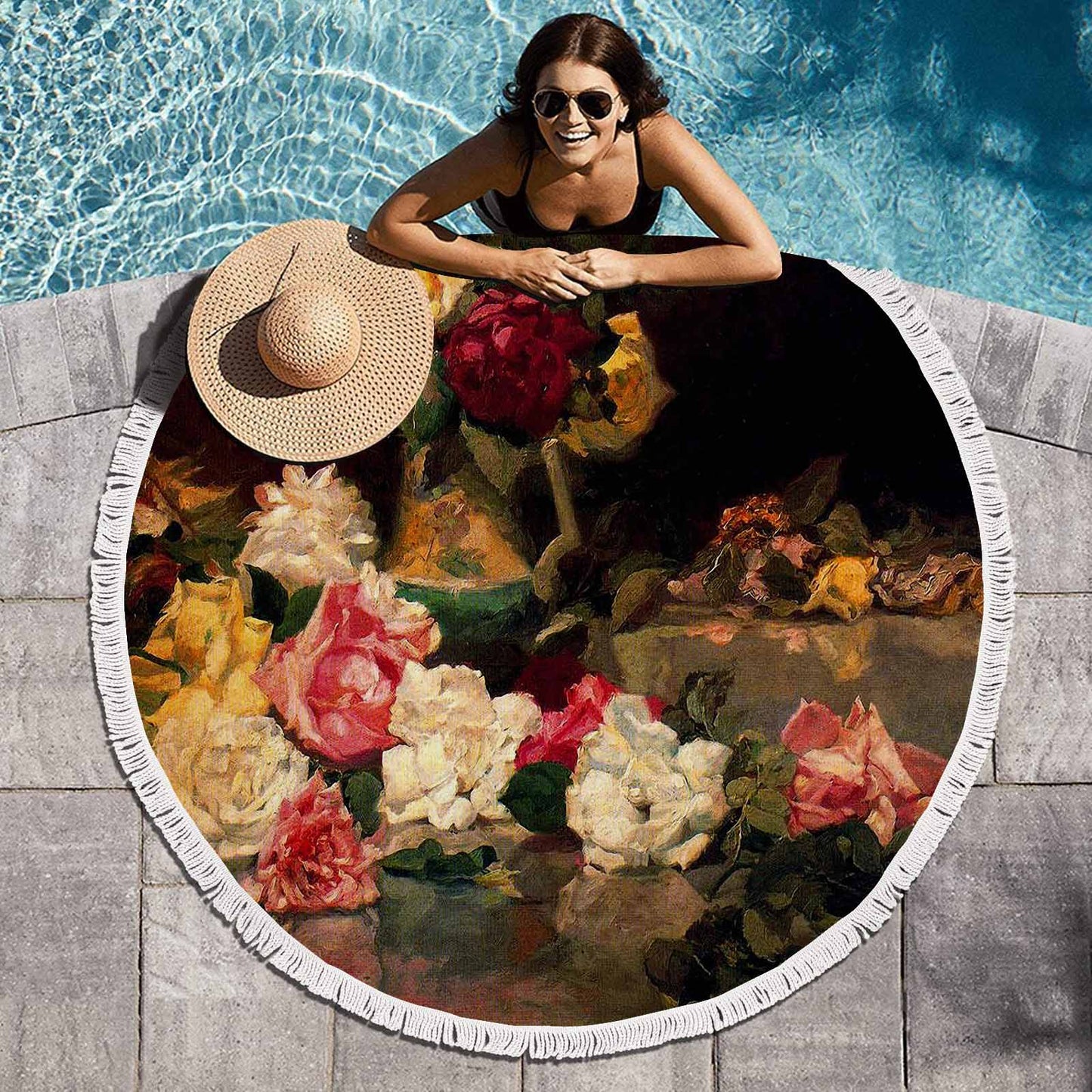 Vintage Floral circular plush beach towel, fringe edges, Design 37