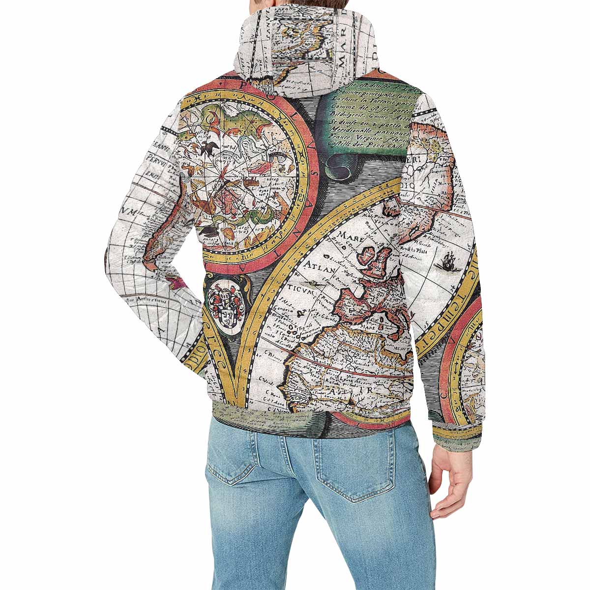 Antique Map design, mens lightweight, warm, quilted hooded bomber jacket, design, 31