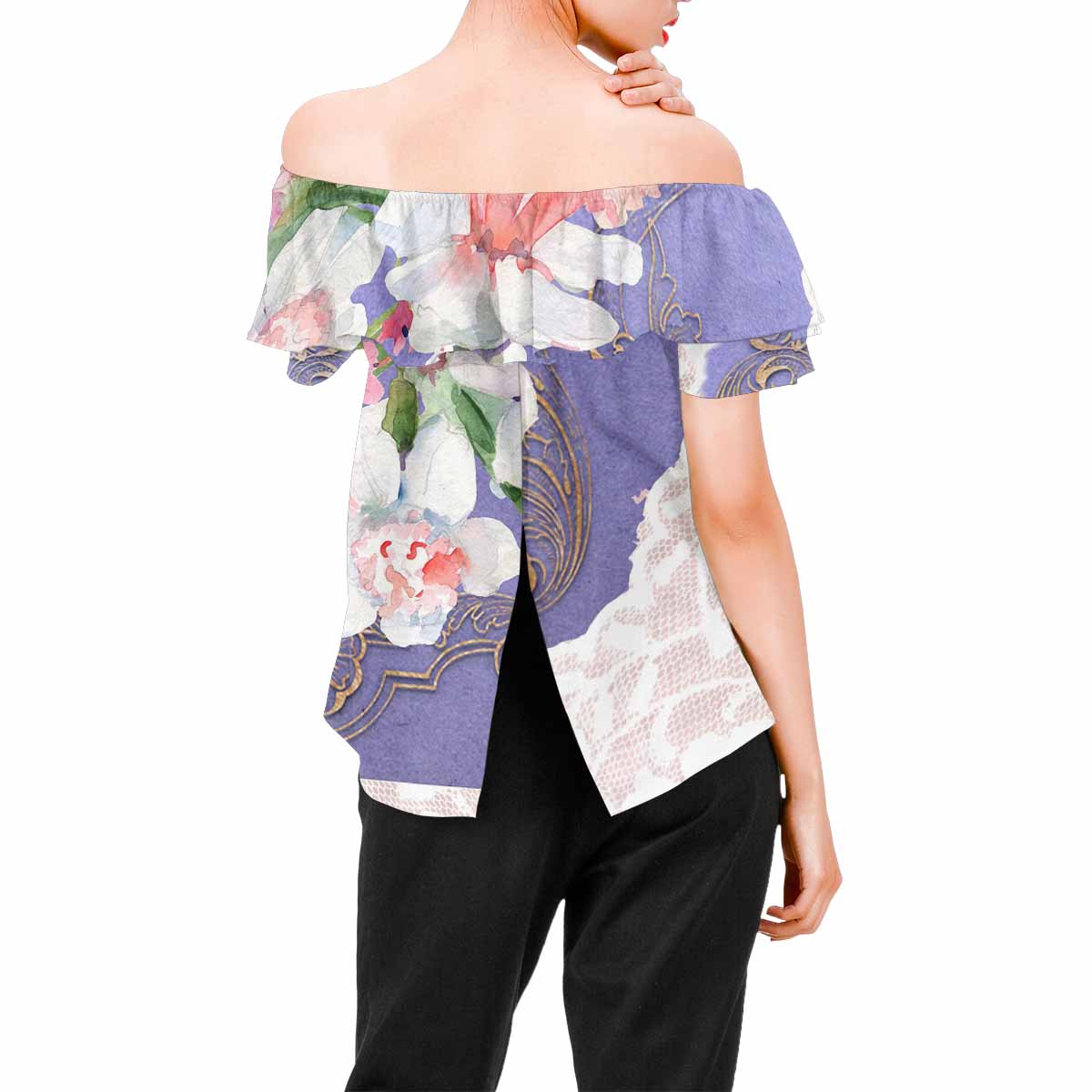 Victorian Lace print Chiffon Blouse, design 47