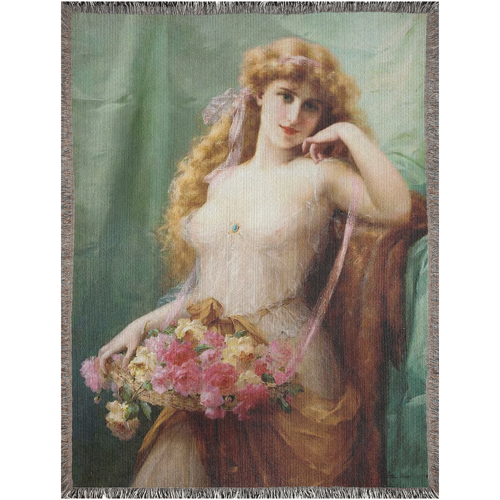 100% cotton Victorian Lady design design woven blanket, 50 x 60 or 60 x 80in, Basket of Roses