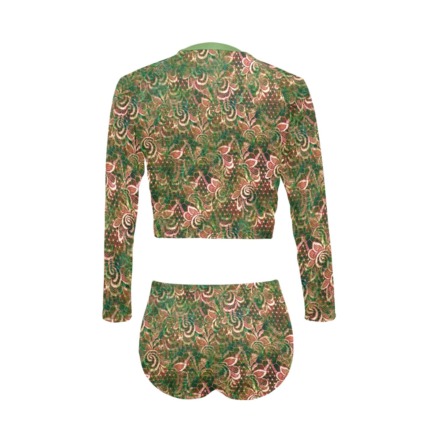 Victorian printed lace, long sleeve 2pc swimsuit, beachwear, design 34 Long Sleeve Bikini Set (Model S27)