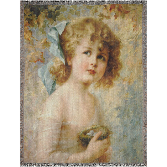 100% cotton Victorian Girl design woven blanket, 50 x 60 or 60 x 80in, Girl Holding a Nest