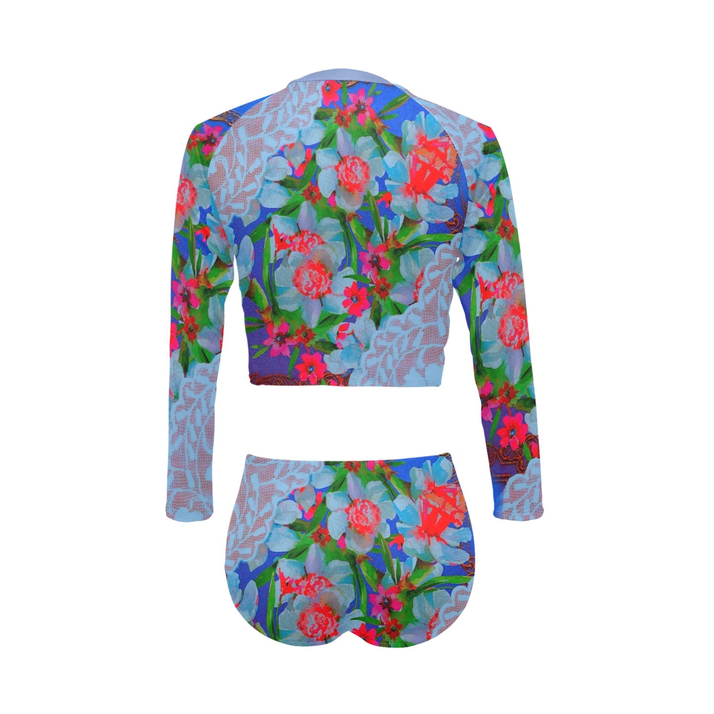 Victorian printed lace, long sleeve 2pc swimsuit, beachwear, design 46 Long Sleeve Bikini Set (Model S27)