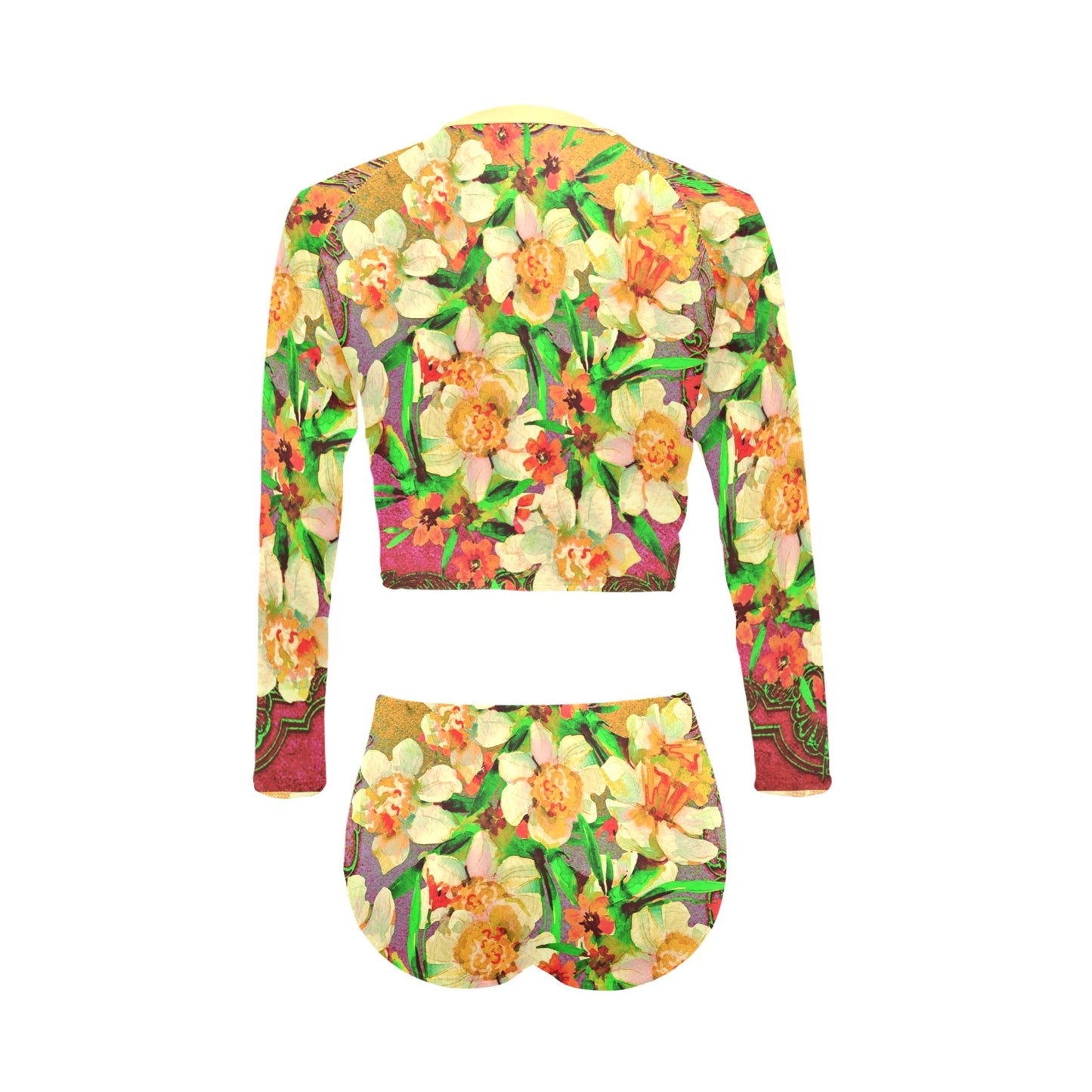 Victorian printed lace, long sleeve 2pc swimsuit, beachwear, design 48 Long Sleeve Bikini Set (Model S27)