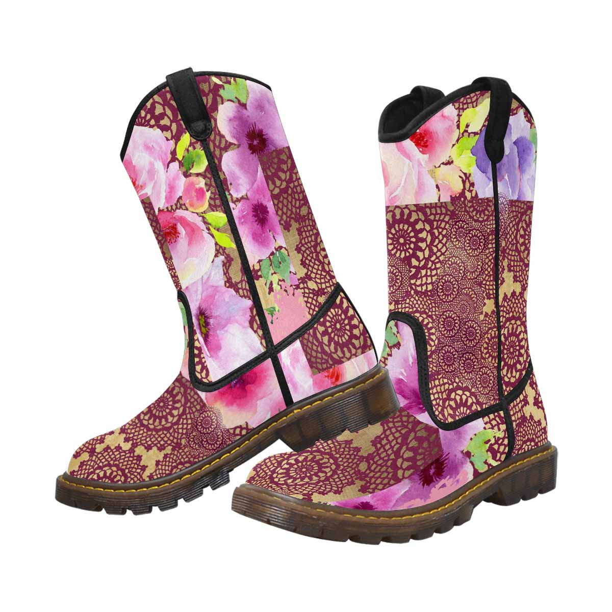 Victorian lace print, western lumber boots, design 13