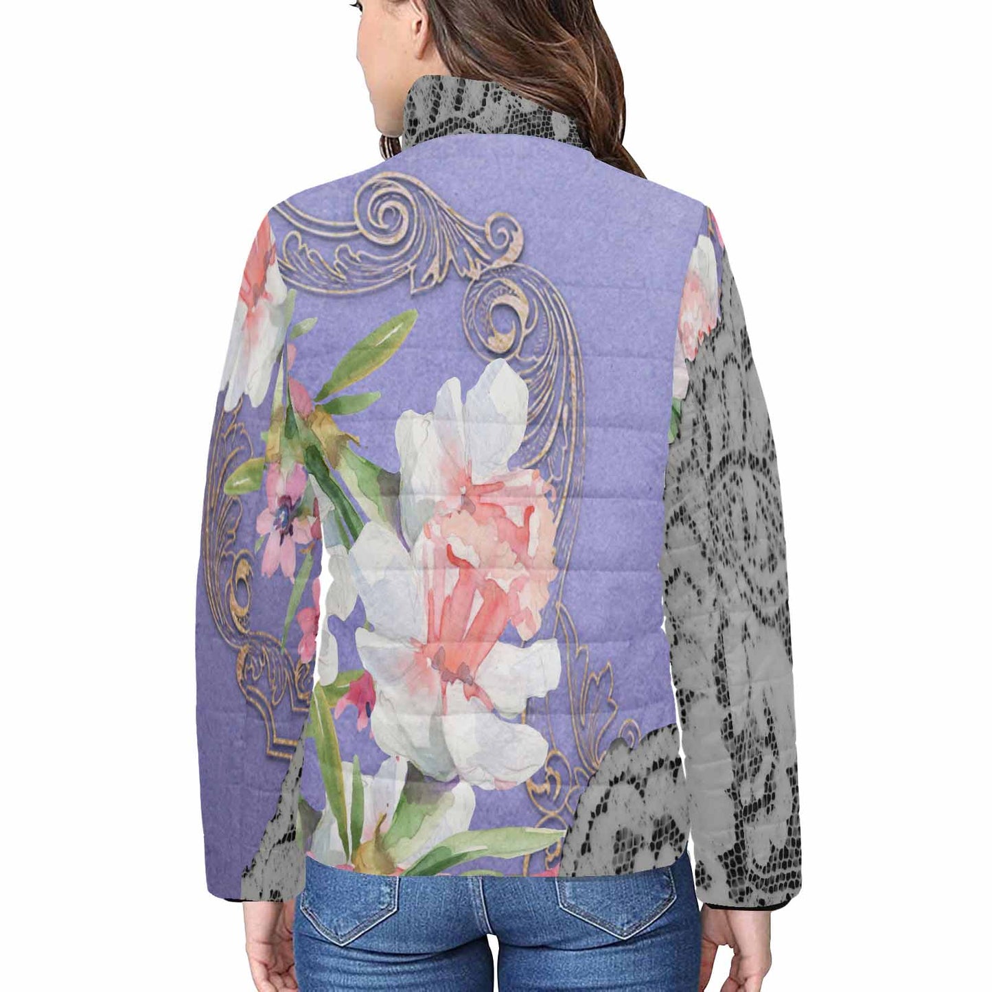 Victorian Lace print womens padded quilted jacket, design 45
