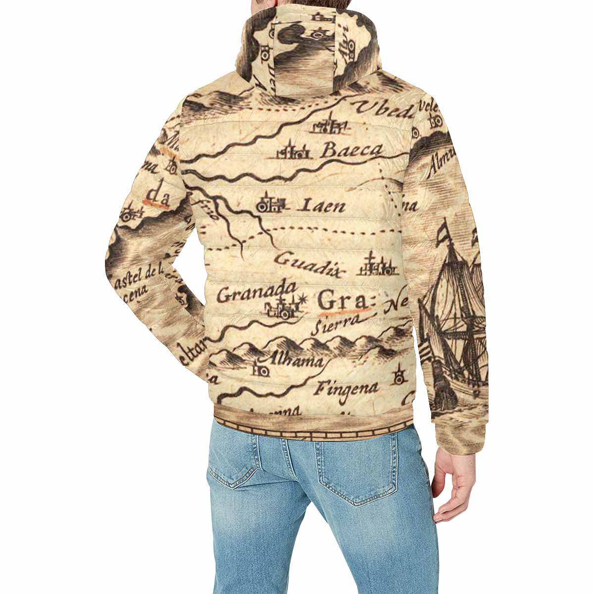 Antique Map design, mens lightweight, warm, quilted hooded bomber jacket, design, 25