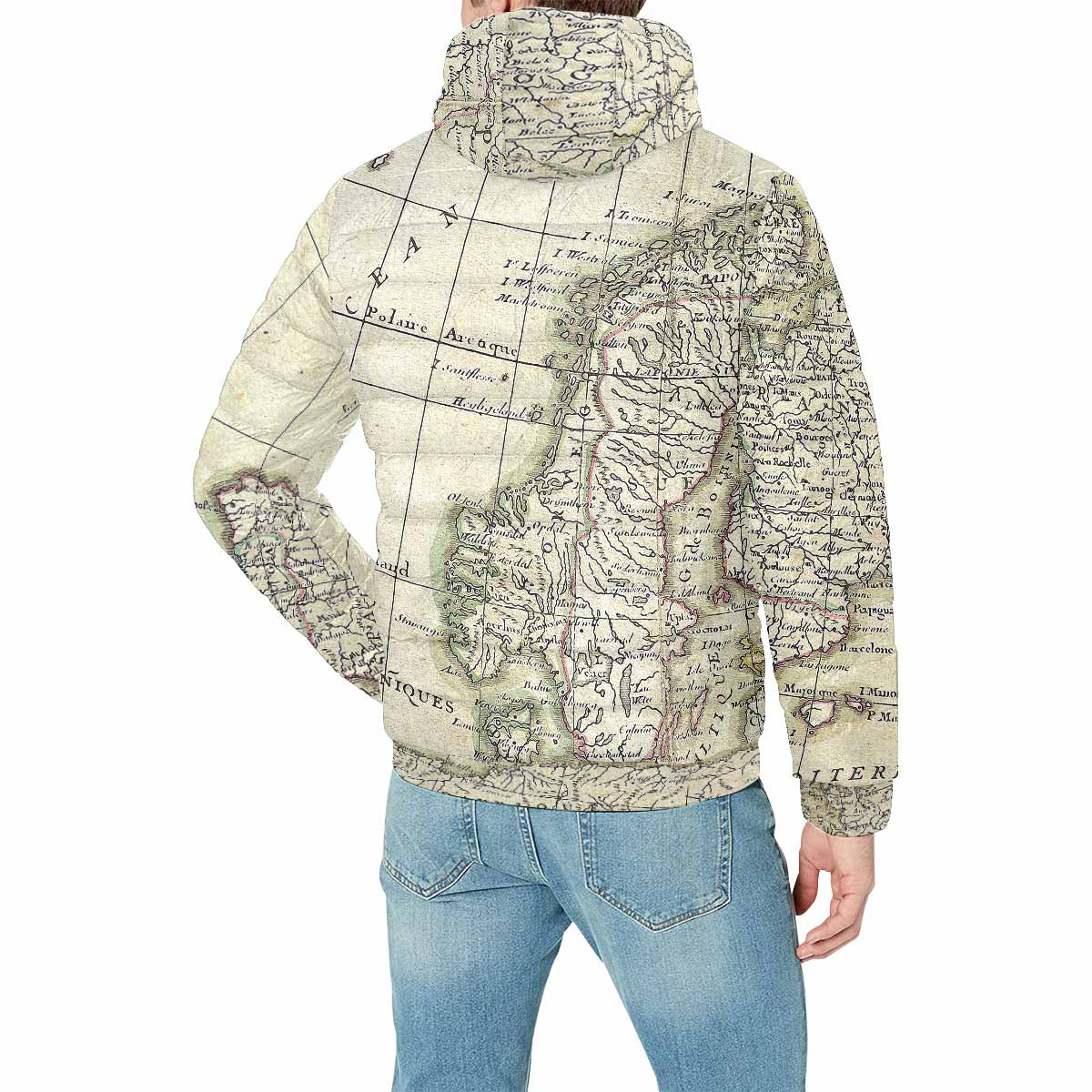 Antique Map design, mens lightweight, warm, quilted hooded bomber jacket, design, 3