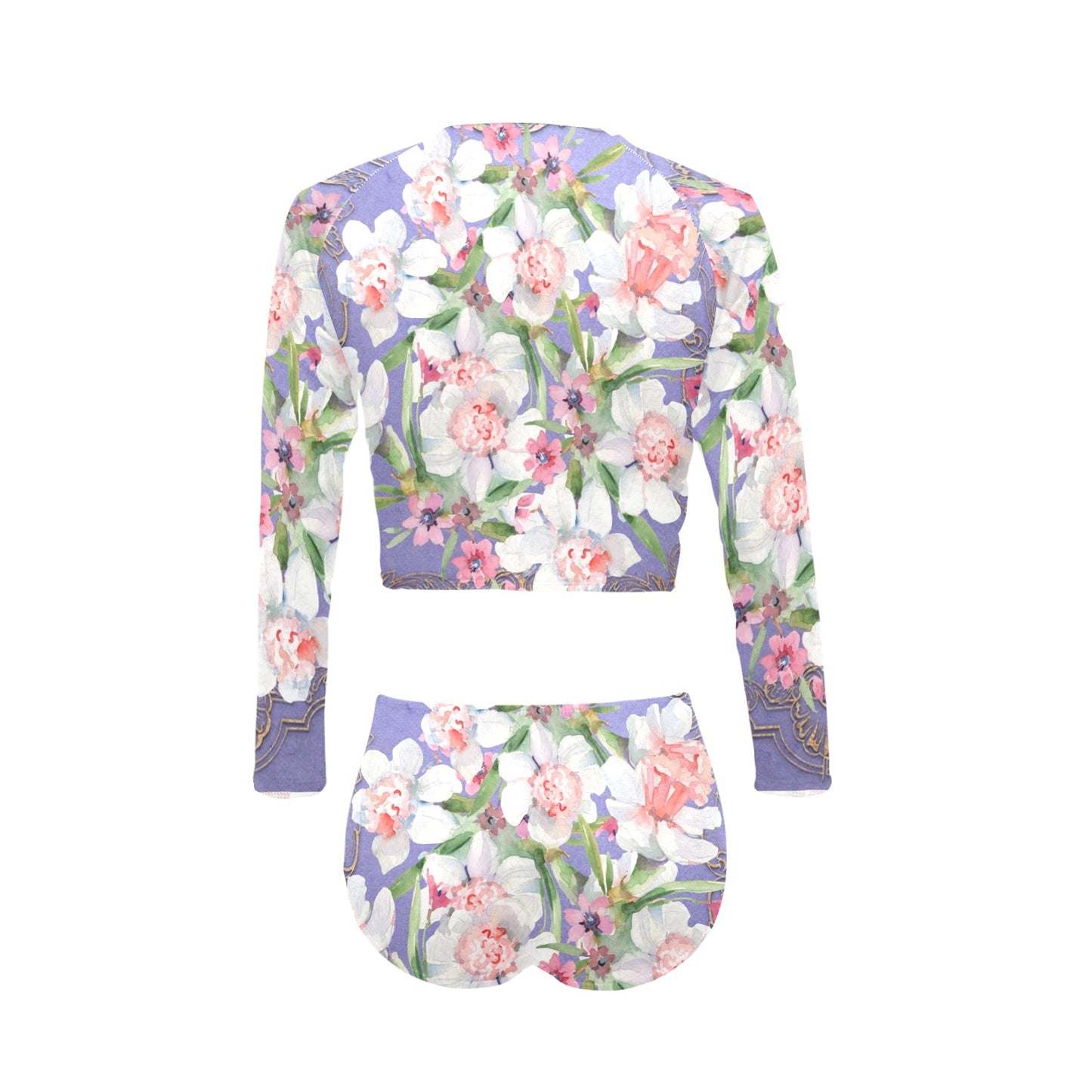 Victorian printed lace, long sleeve 2pc swimsuit, beachwear, design 47 Long Sleeve Bikini Set (Model S27)