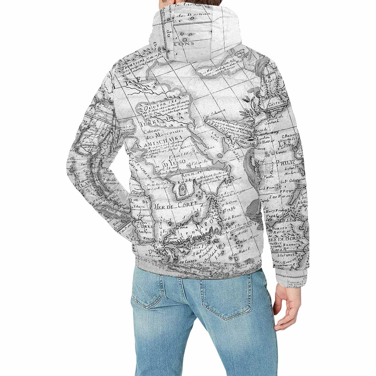 Antique Map design, mens lightweight, warm, quilted hooded bomber jacket, design, 8
