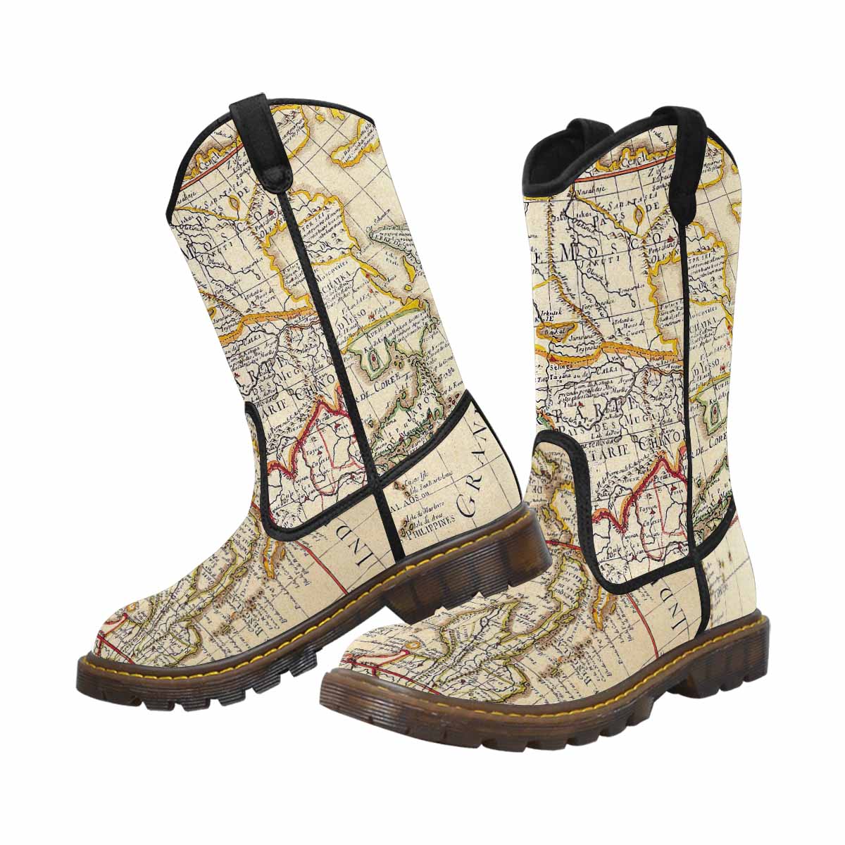 Antique Map design mens western lumber boots, Design 10