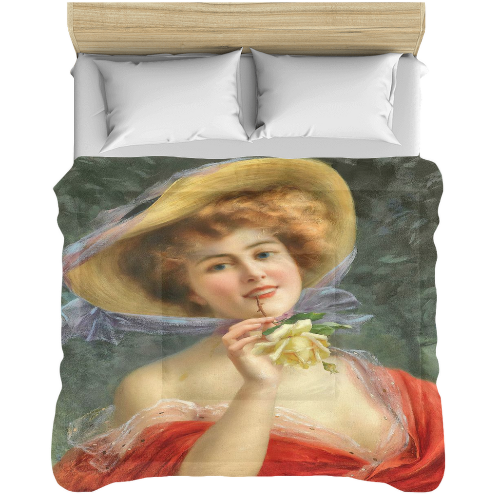 Victorian lady design comforter, twin, twin XL, queen or king, Young Girl with a Rose