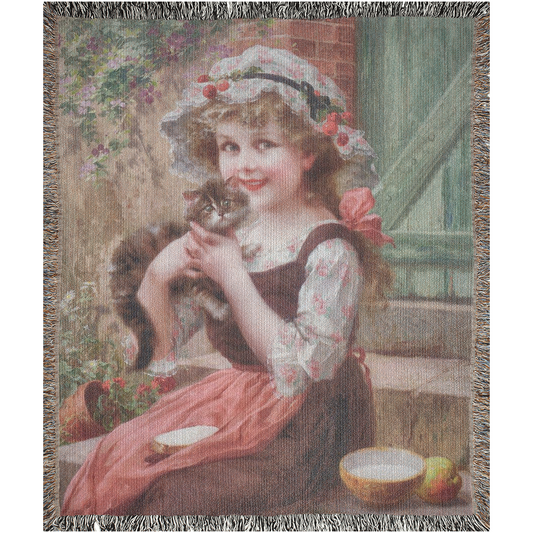 100% cotton Victorian Girl design woven blanket, 50 x 60 or 60 x 80in, The Little Kittens