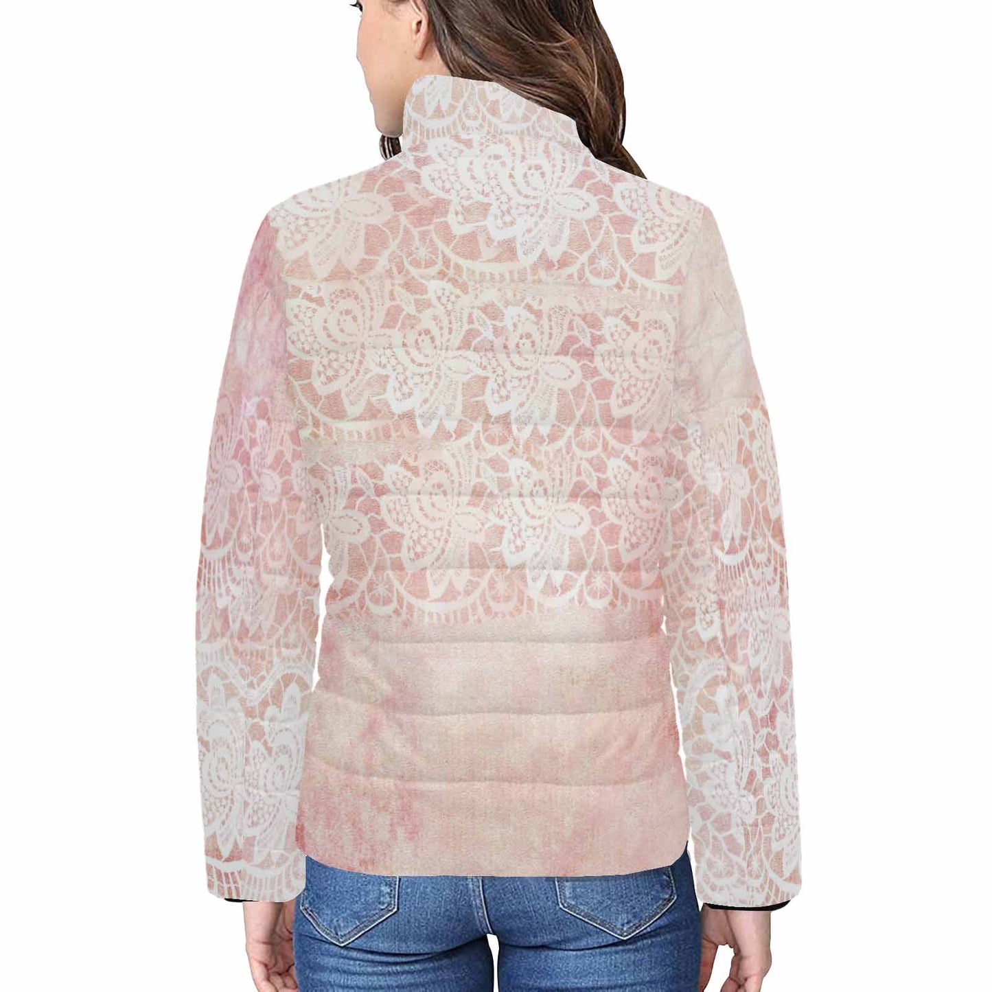 Victorian Lace print womens padded quilted jacket, design 38