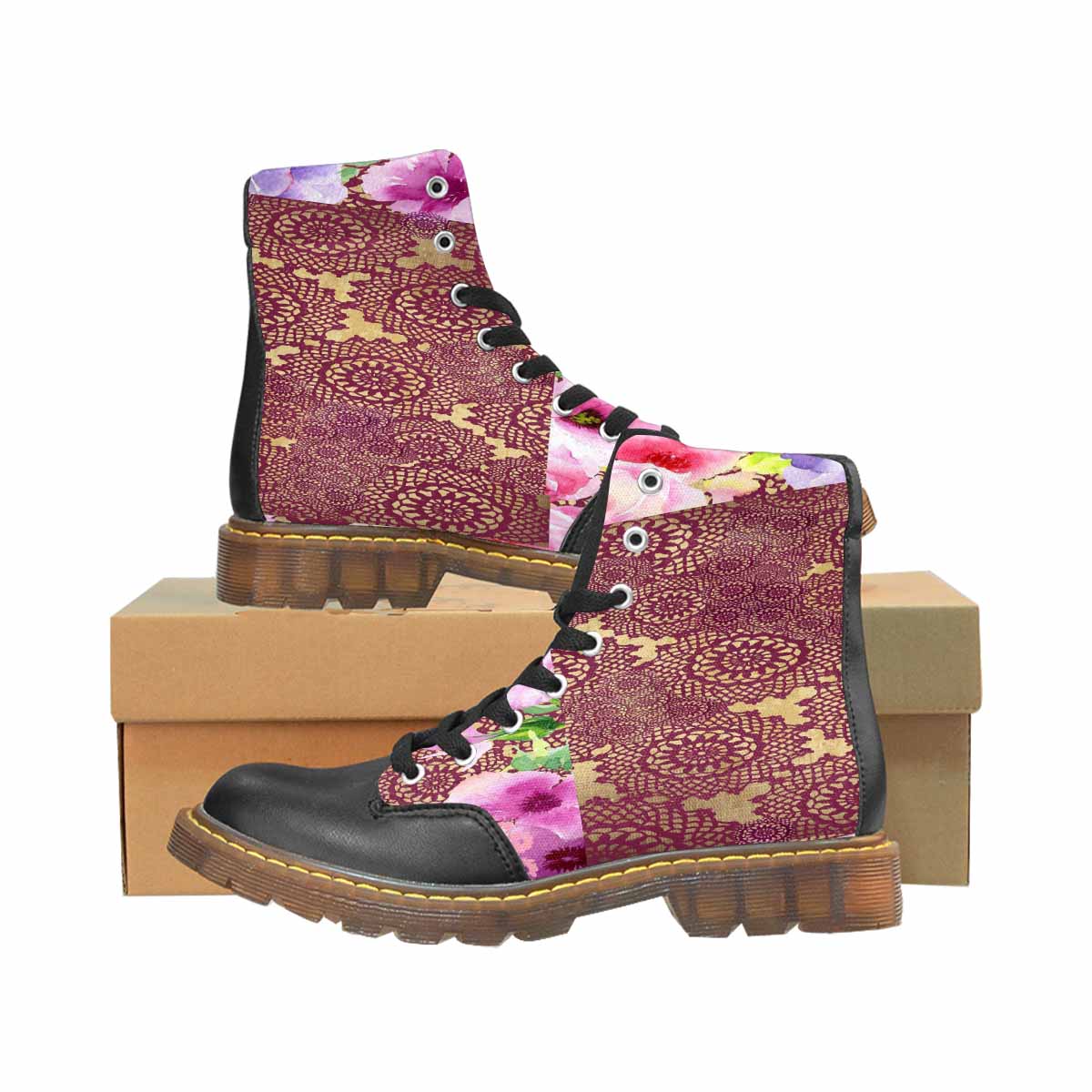 Victorian lace print, cute but tough, Winter walk about boots, design 13