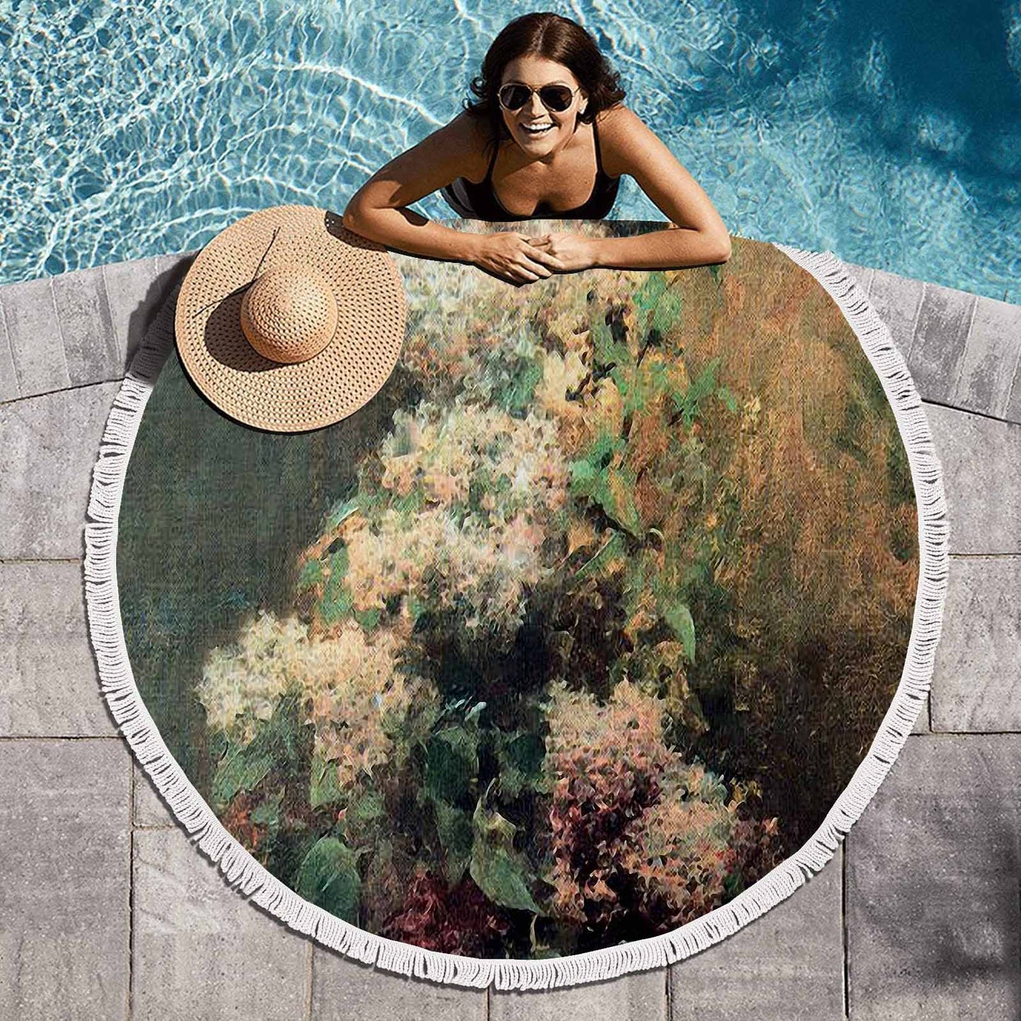 Vintage Floral circular plush beach towel, fringe edges, Design 34