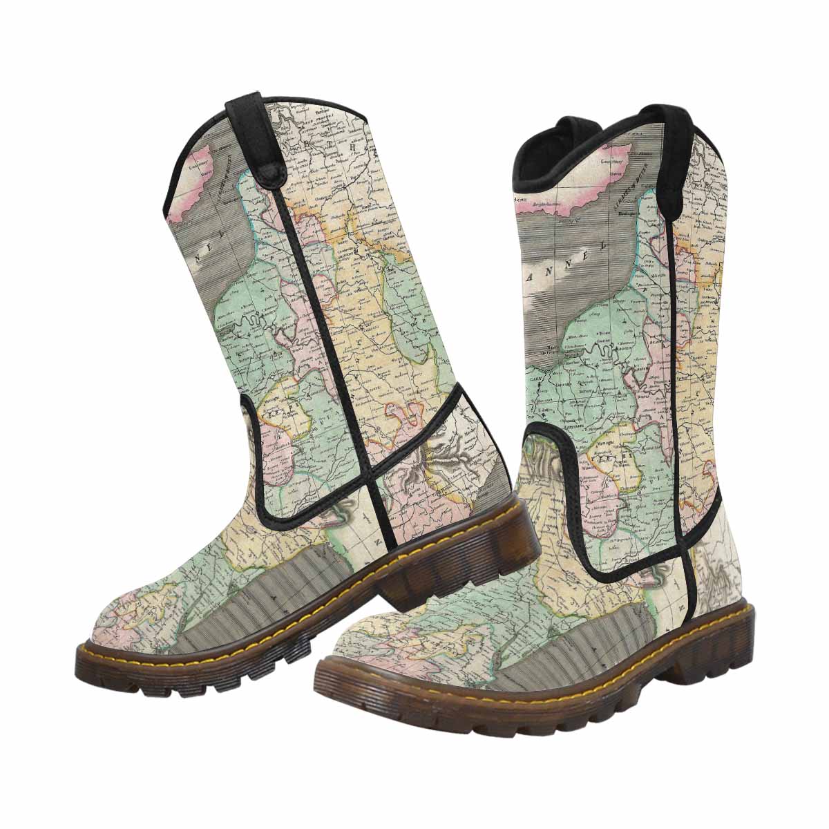 Antique Map design mens western lumber boots, Design 39