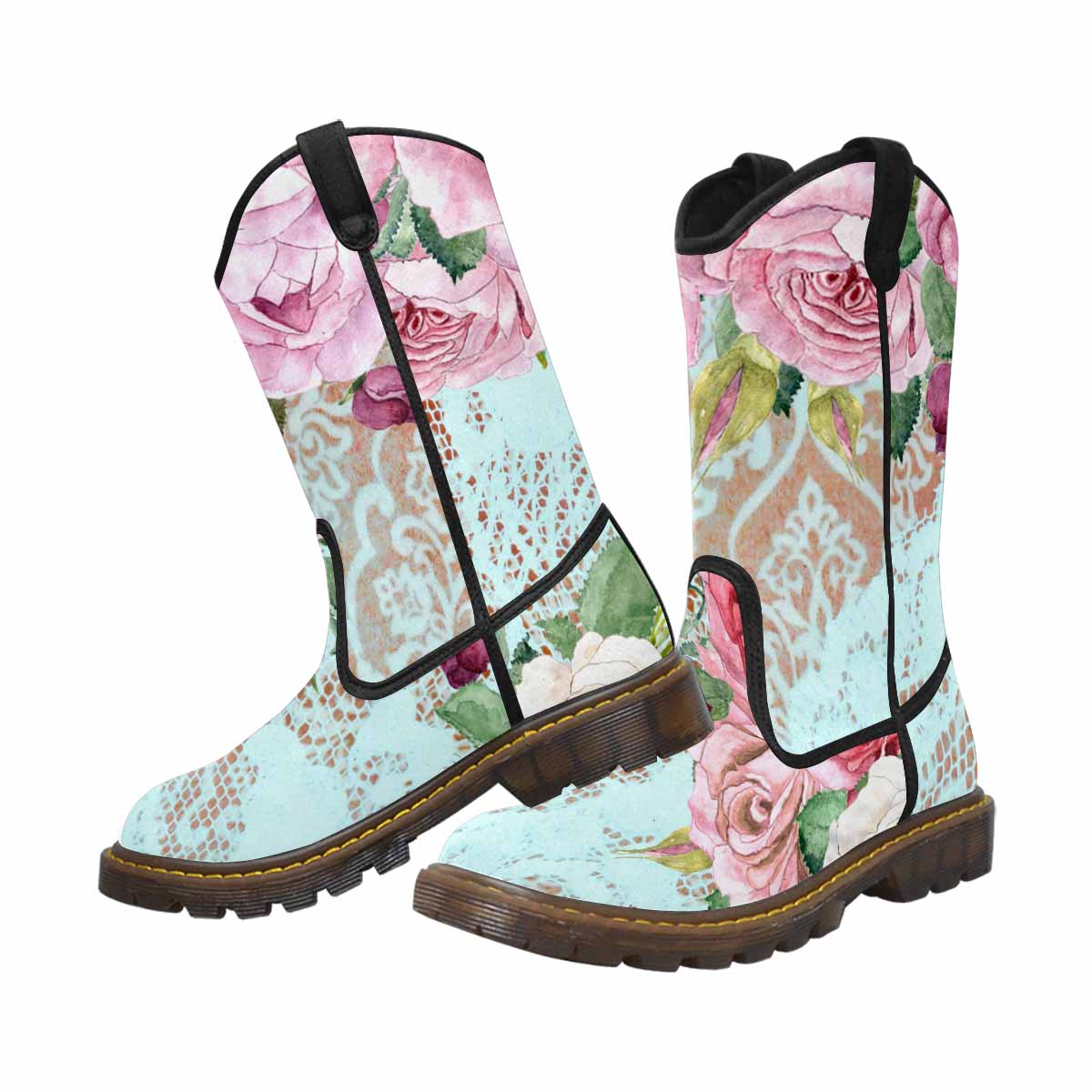 Victorian lace print, western lumber boots, design 24