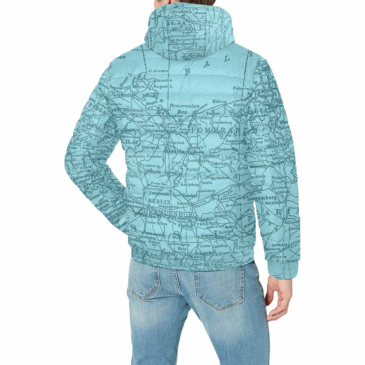 Antique Map design, mens lightweight, warm, quilted hooded bomber jacket, design, 55