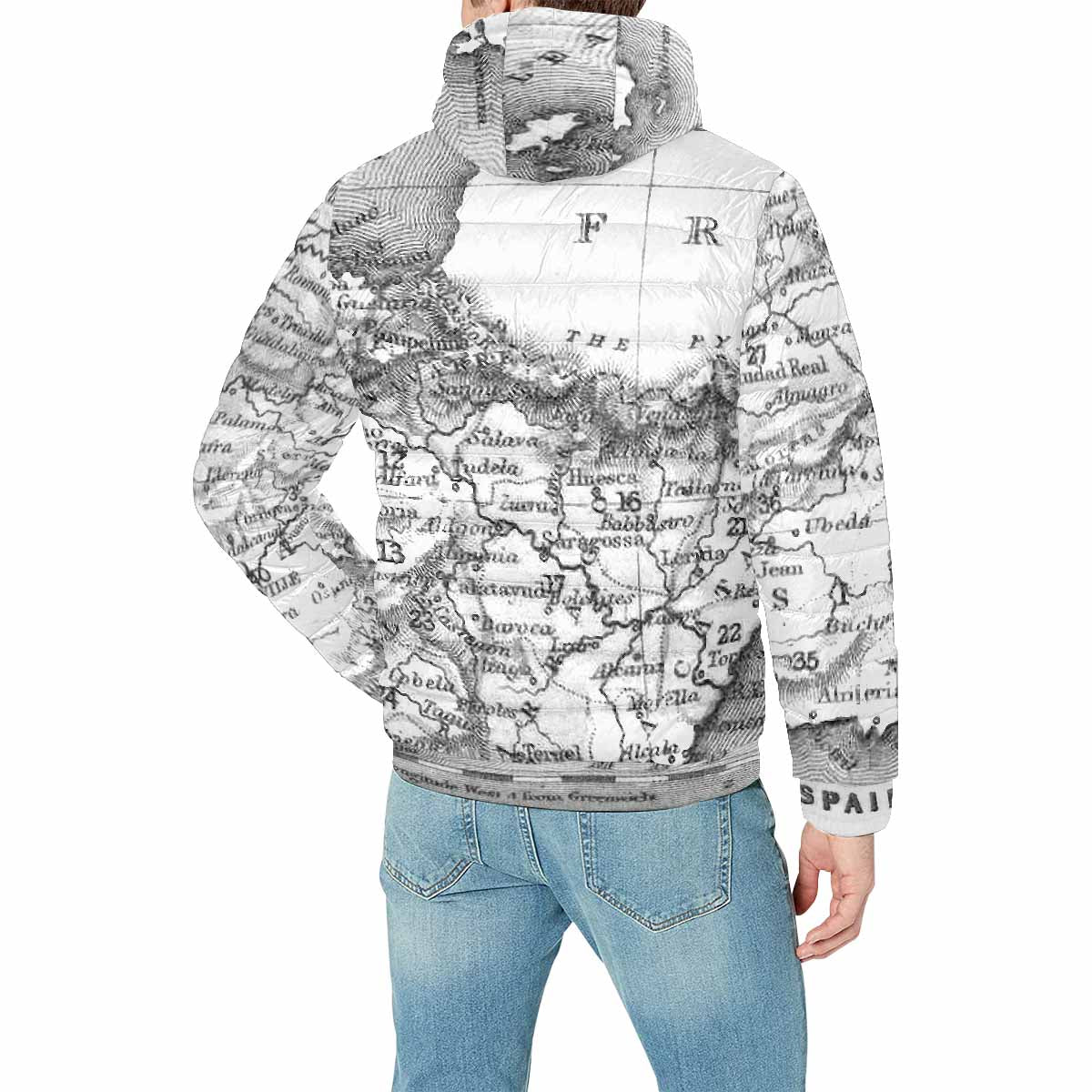 Antique Map design, mens lightweight, warm, quilted hooded bomber jacket, design, 14