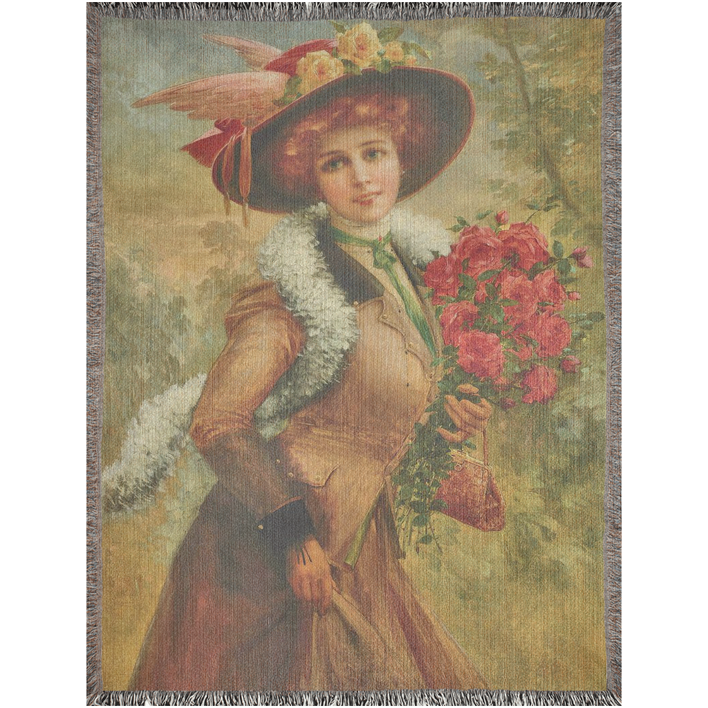 100% cotton Victorian Lady design design woven blanket, 50 x 60 or 60 x 80in, Elegant Lady with a Bouquet of Roses