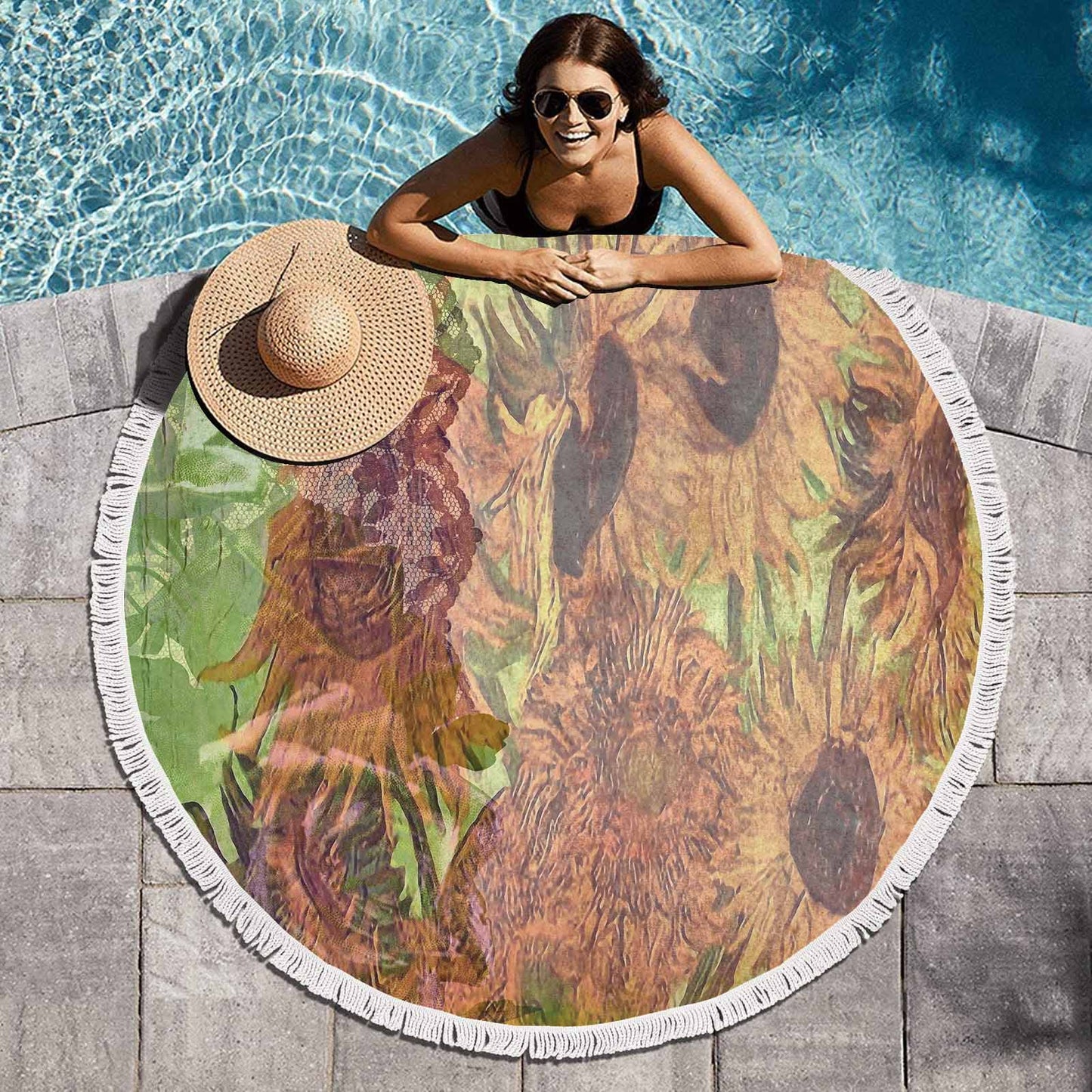 Vintage Floral circular plush beach towel, fringe edges, Design 48xx