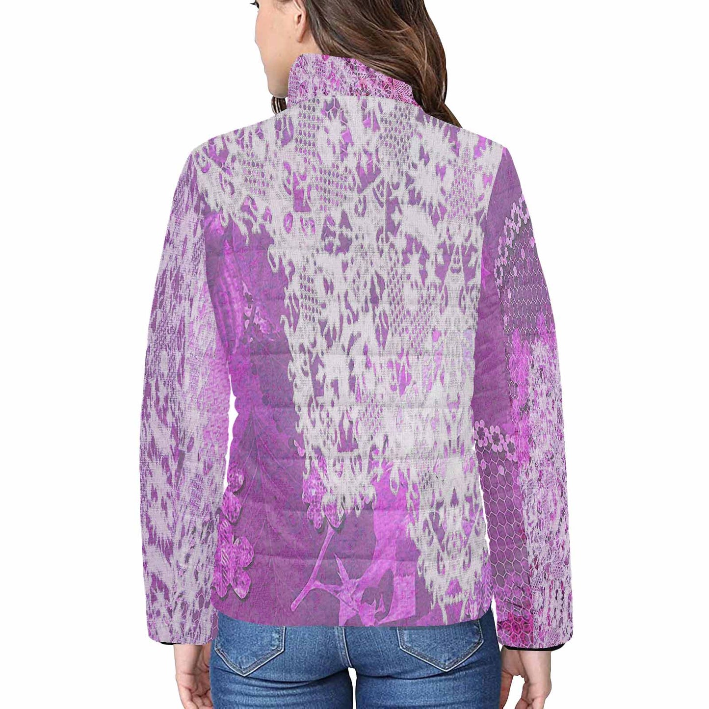 Victorian Lace print womens padded quilted jacket, design 03