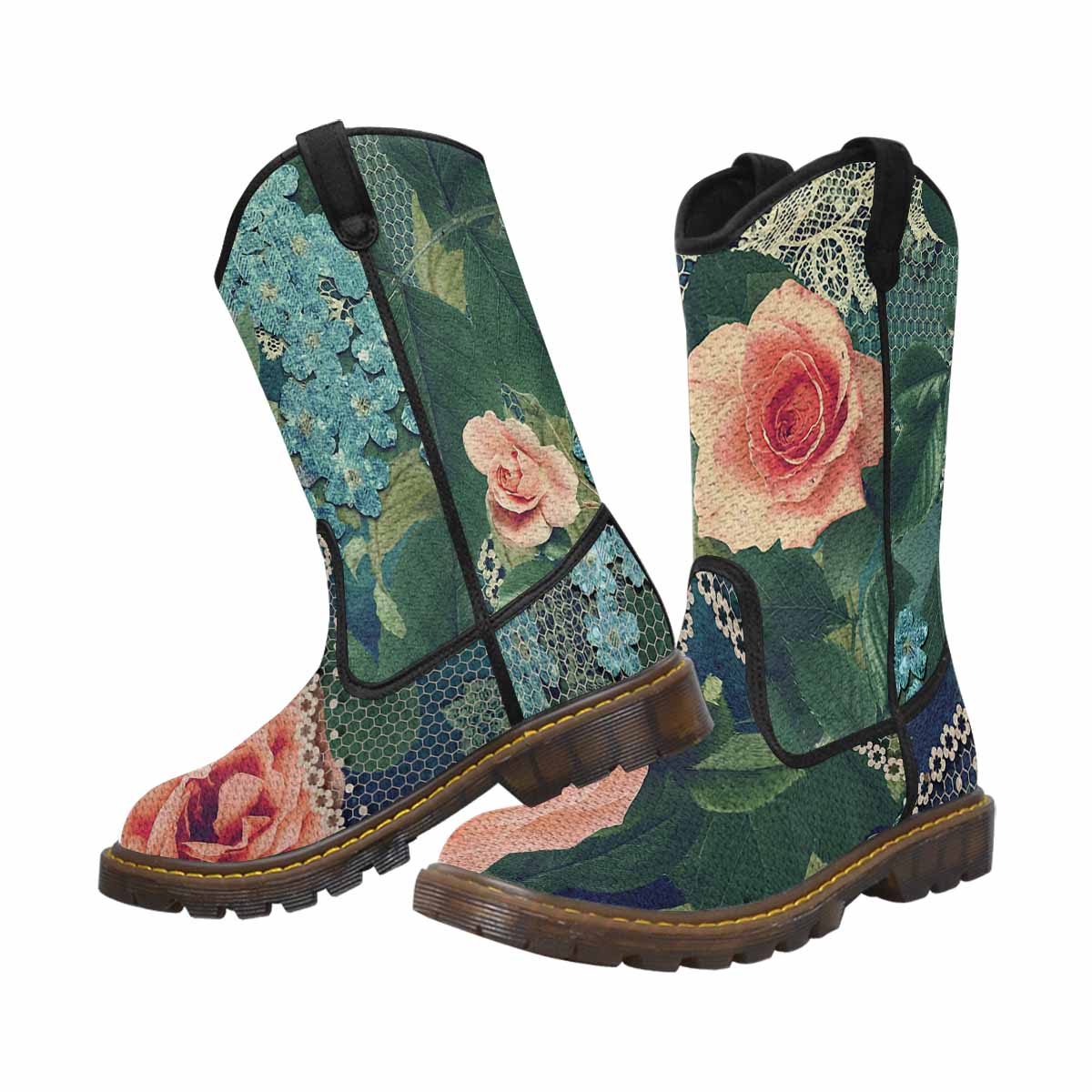 Victorian lace print, western lumber boots, design 01
