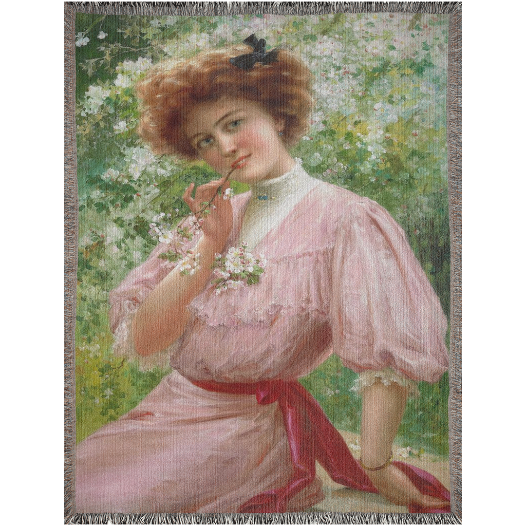 100% cotton Victorian Lady design design woven blanket, 50 x 60 or 60 x 80in, Pretty In Pink