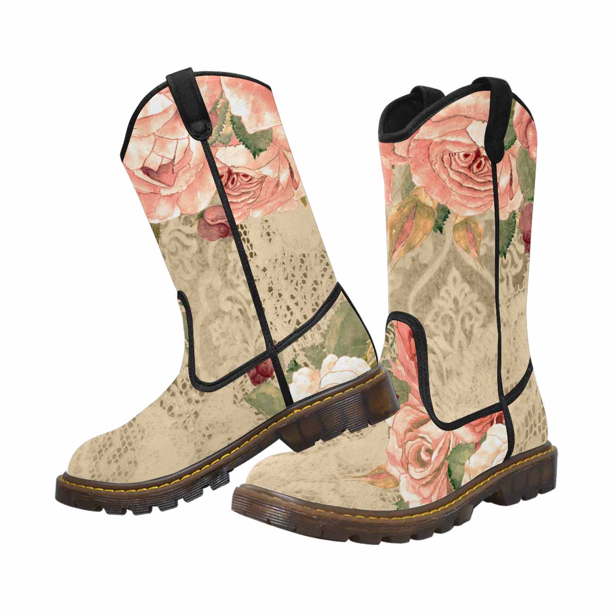Victorian lace print, western lumber boots, design 25