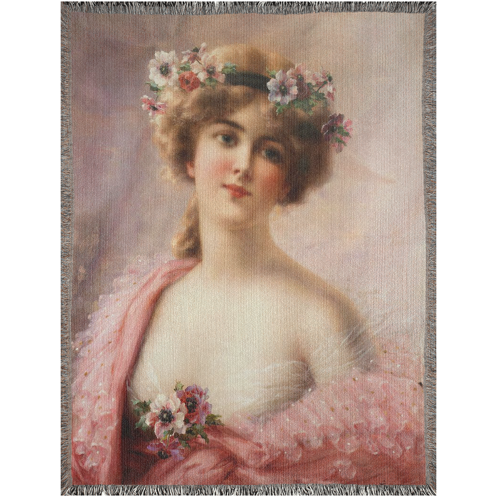 100% cotton Victorian Lady design design woven blanket, 50 x 60 or 60 x 80in, Young Girl with Anemones