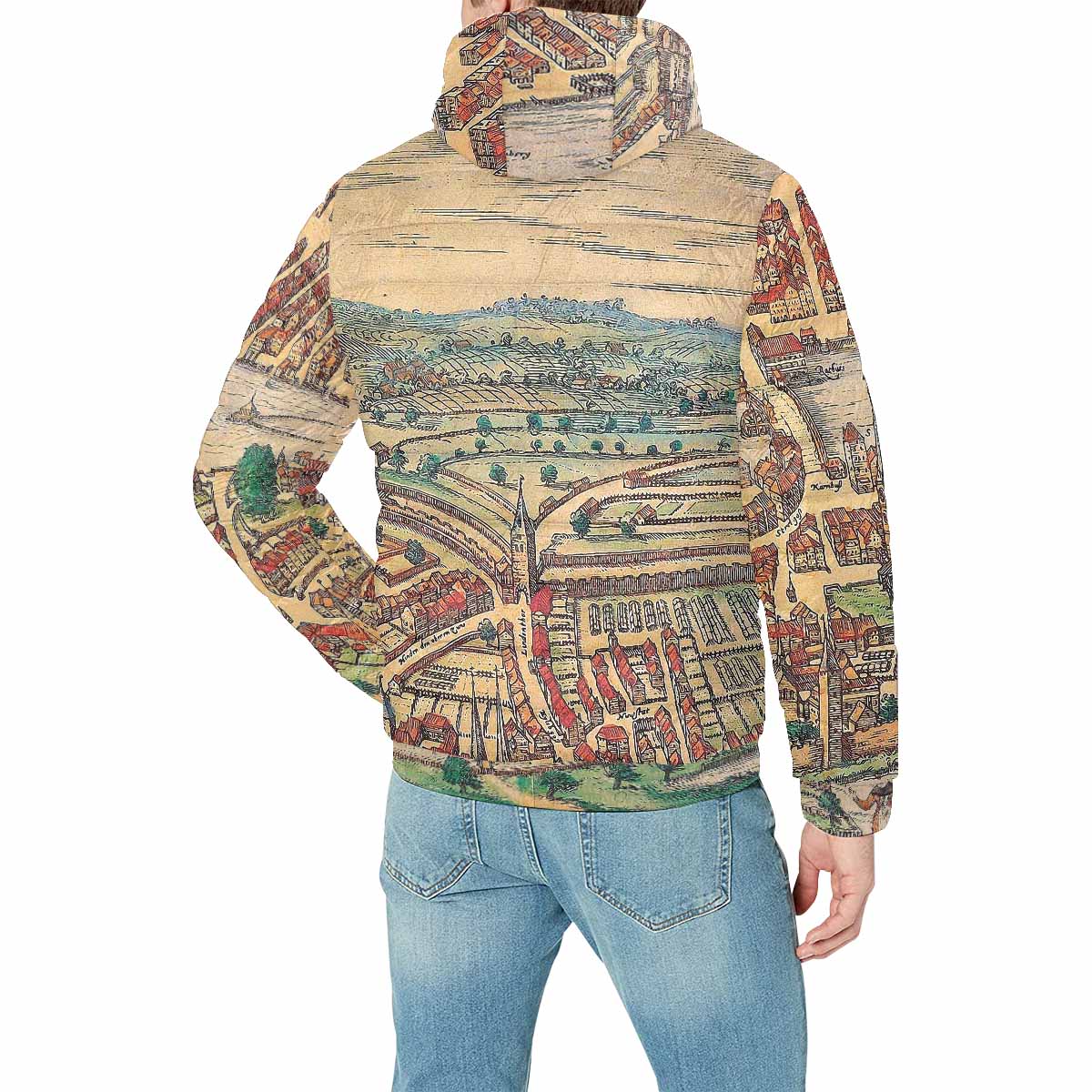 Antique Map design, mens lightweight, warm, quilted hooded bomber jacket, design, 24
