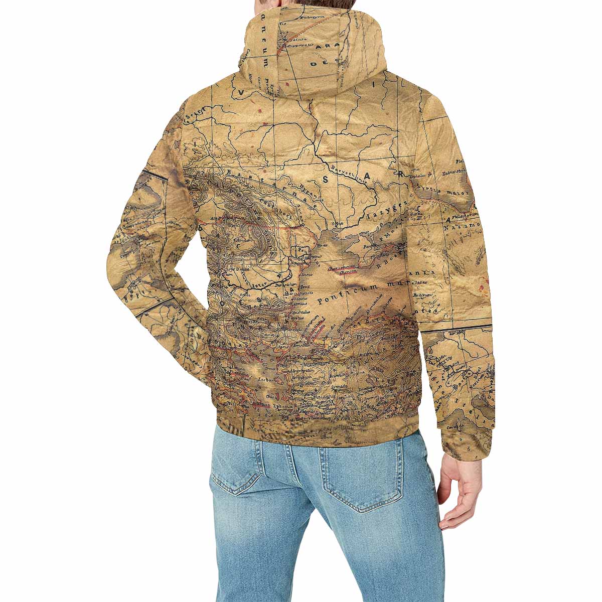Antique Map design, mens lightweight, warm, quilted hooded bomber jacket, design, 21