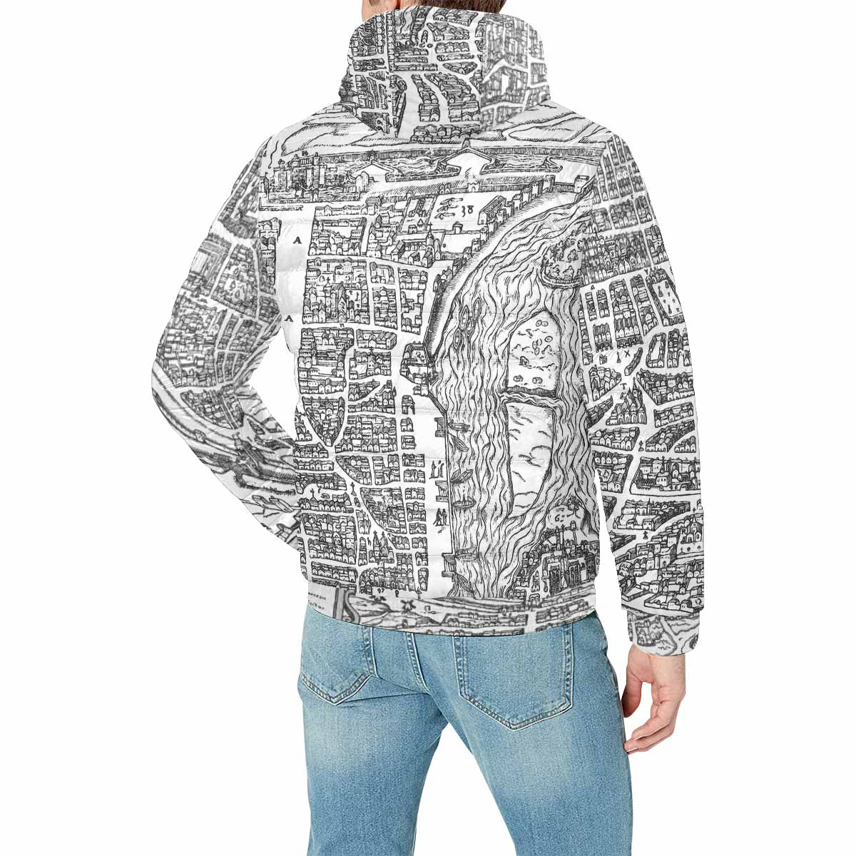 Antique Map design, mens lightweight, warm, quilted hooded bomber jacket, design, 47