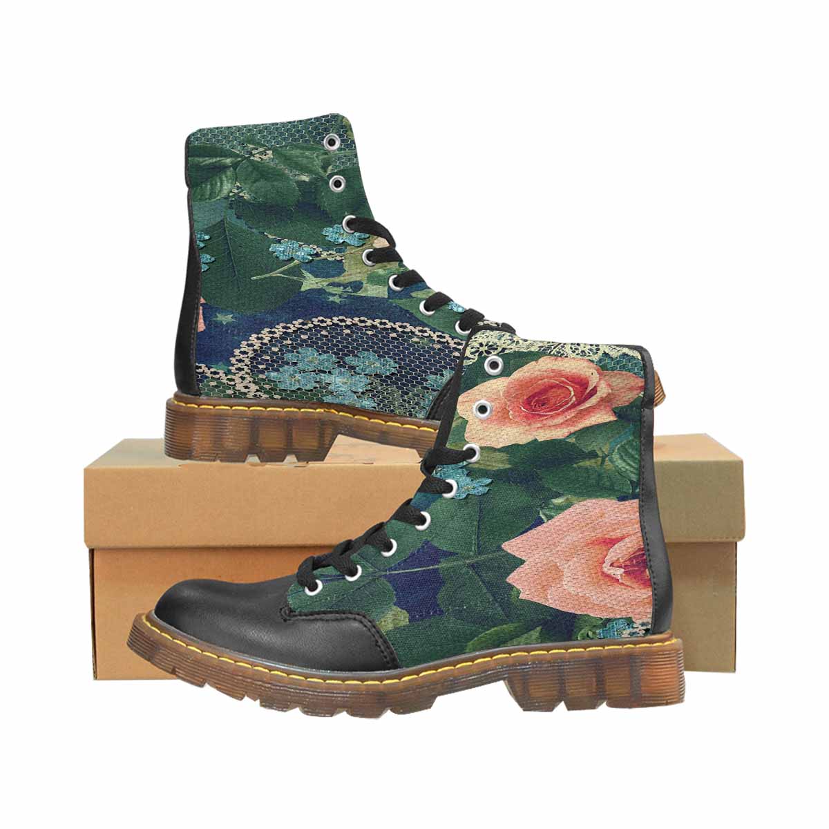 Victorian lace print, cute but tough, Winter walk about boots, design 01