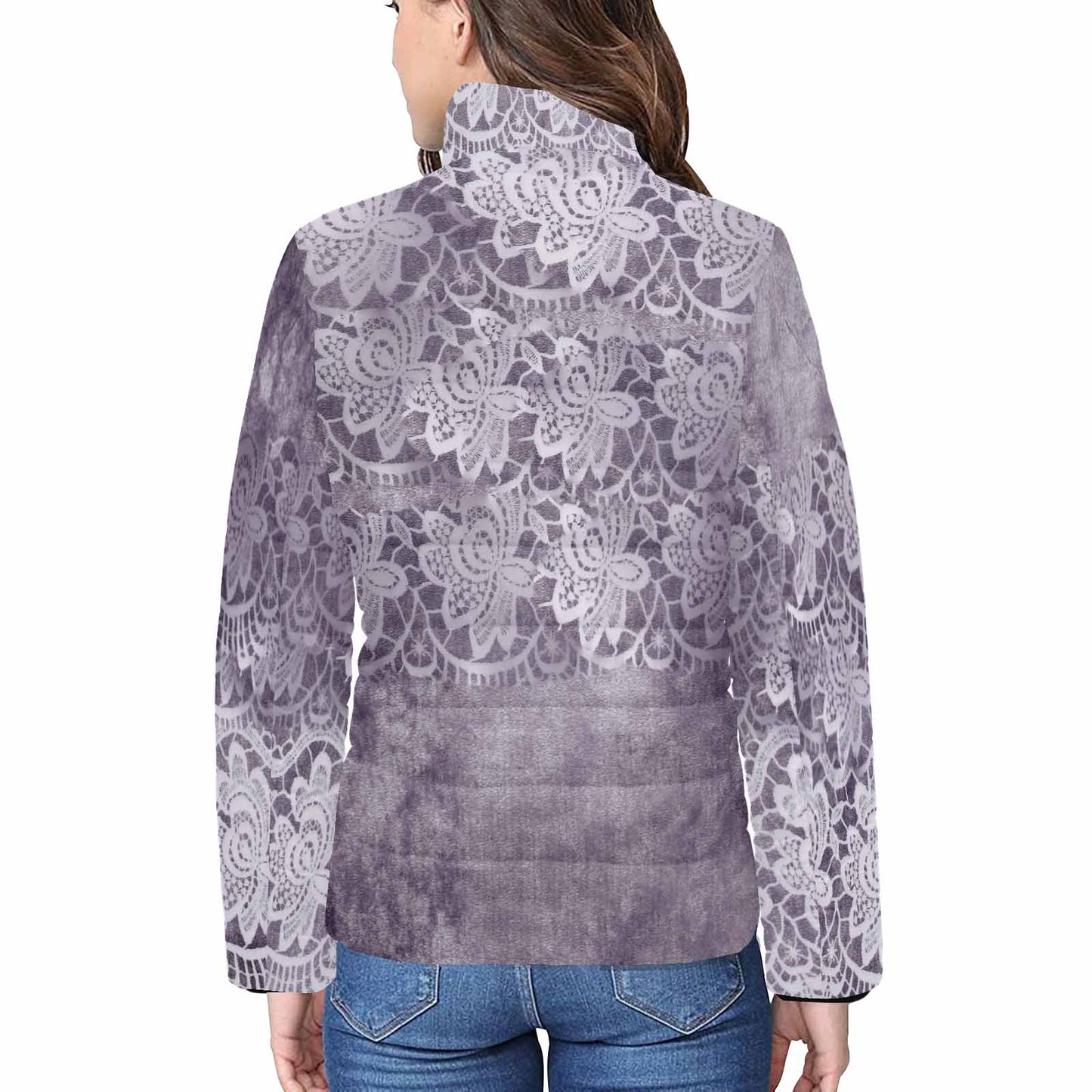 Victorian Lace print womens padded quilted jacket, design 39
